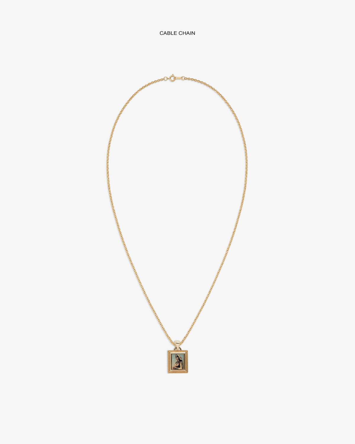 14Kt Gold Pendant: Rectangular engraved pendant on a gold cable chain, shown against a white background.