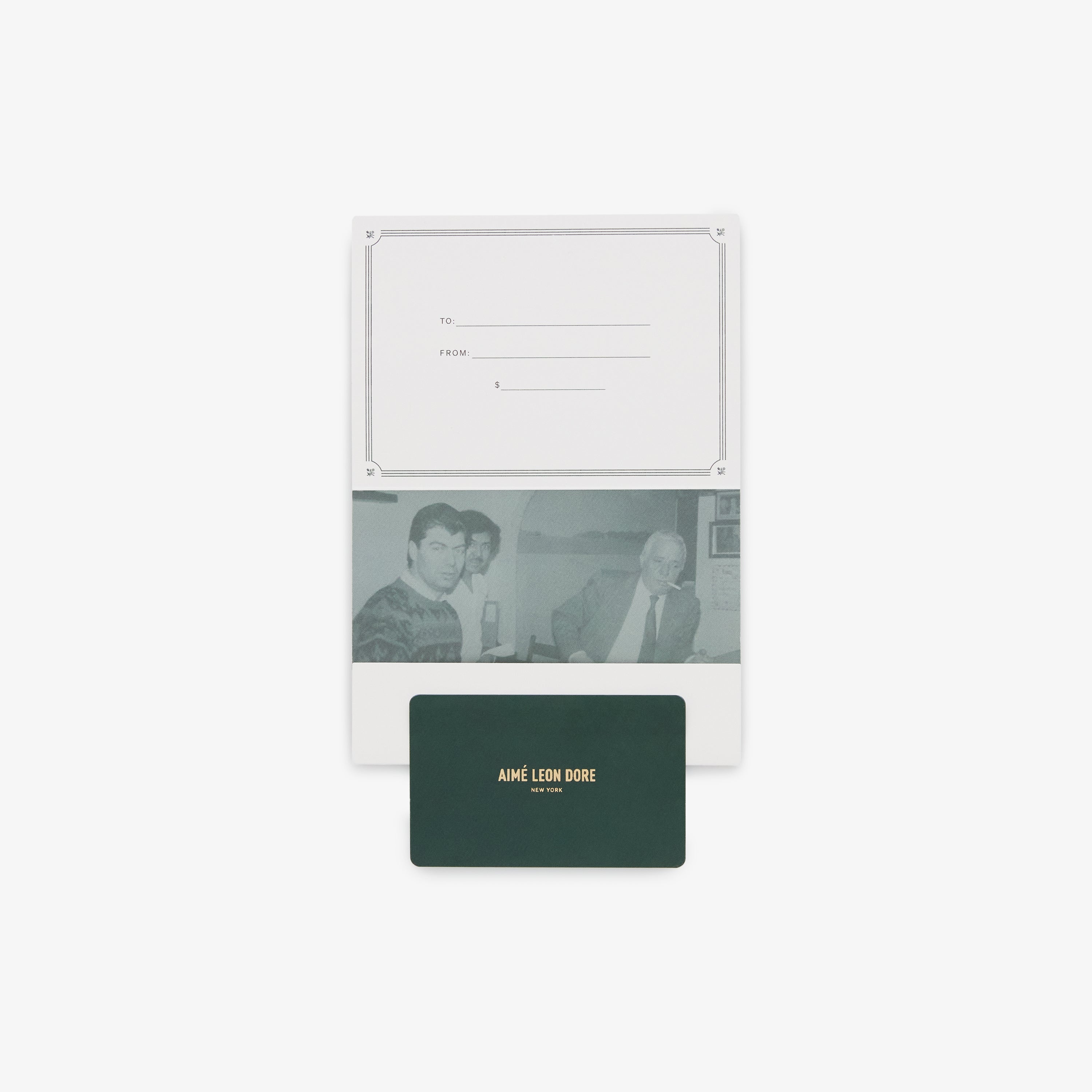 A green Aimé Leon Dore Gift Card, a black-and-white photo, and a blank To/From card on a white background.