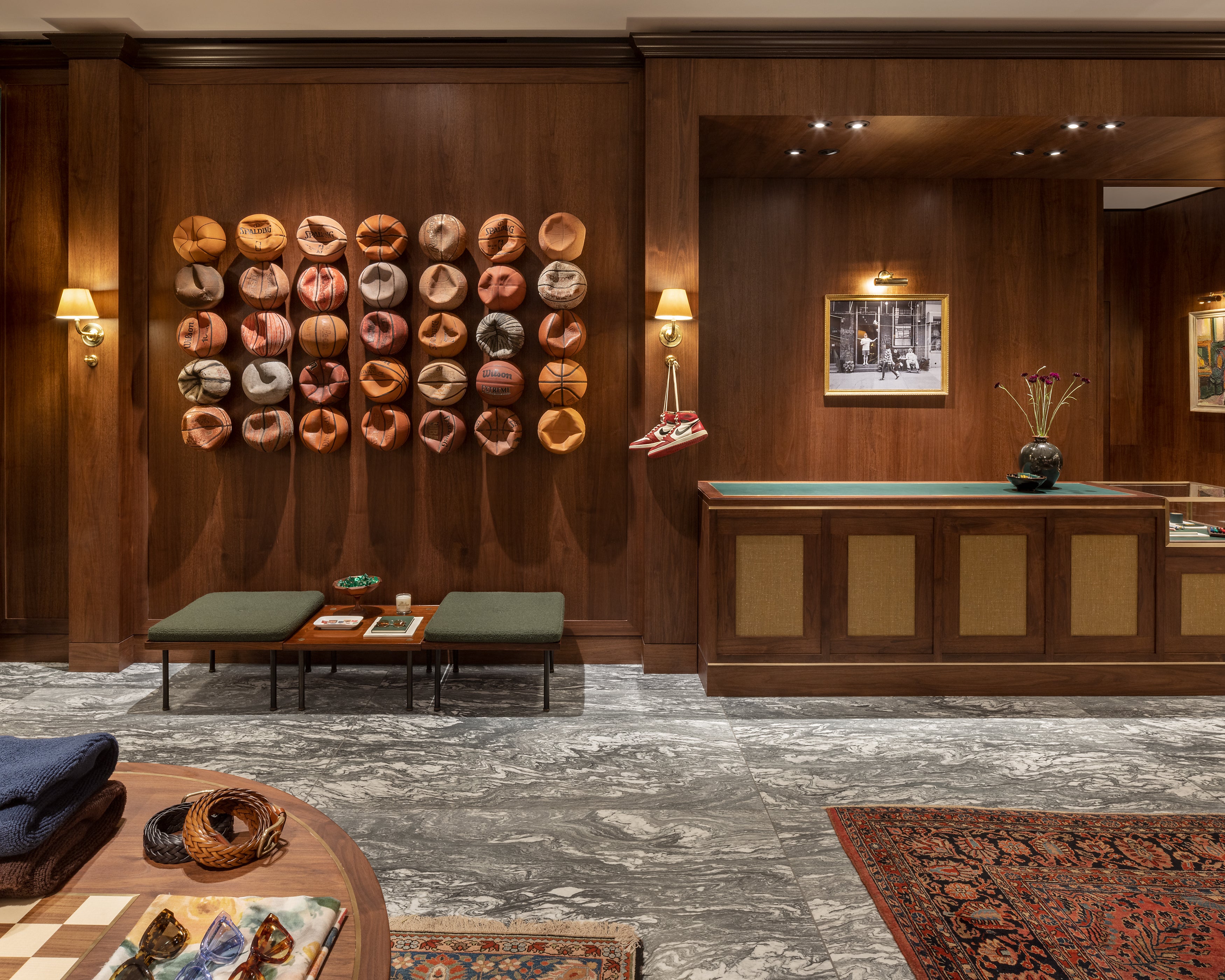 Checkout area and basketball wall at London flagship store