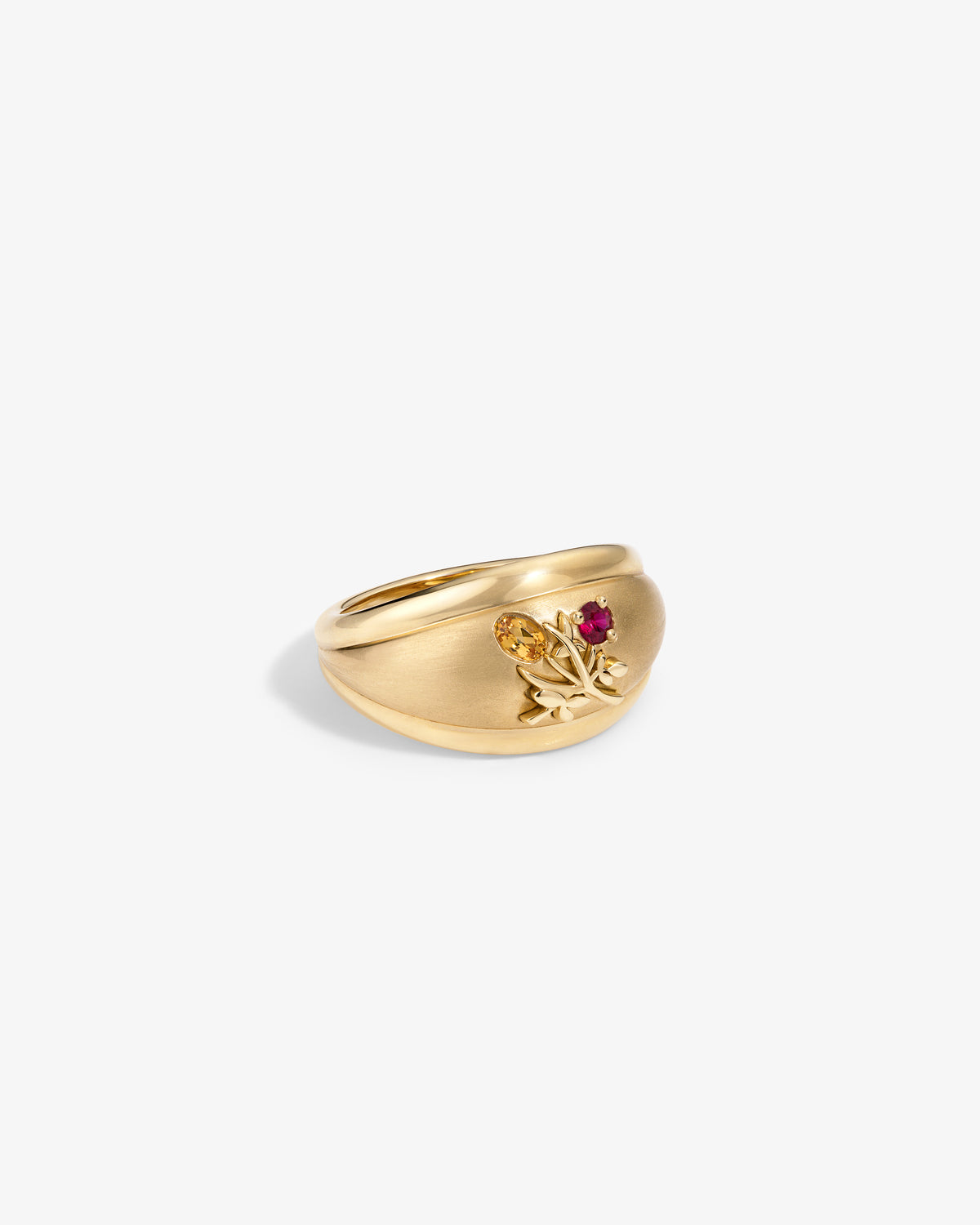14Kt Gold Crest Dome Ring with a raised frog design and small red gemstone, shown on a plain white background.