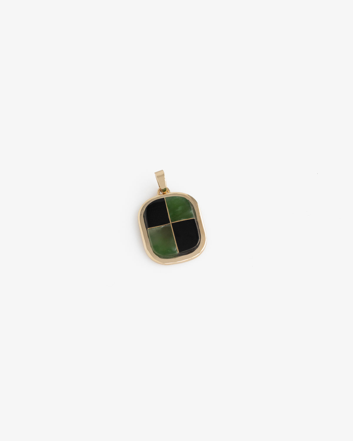 14Kt Gold Mosaic Pendant with square design, featuring green and black enamel sections on a white background.
