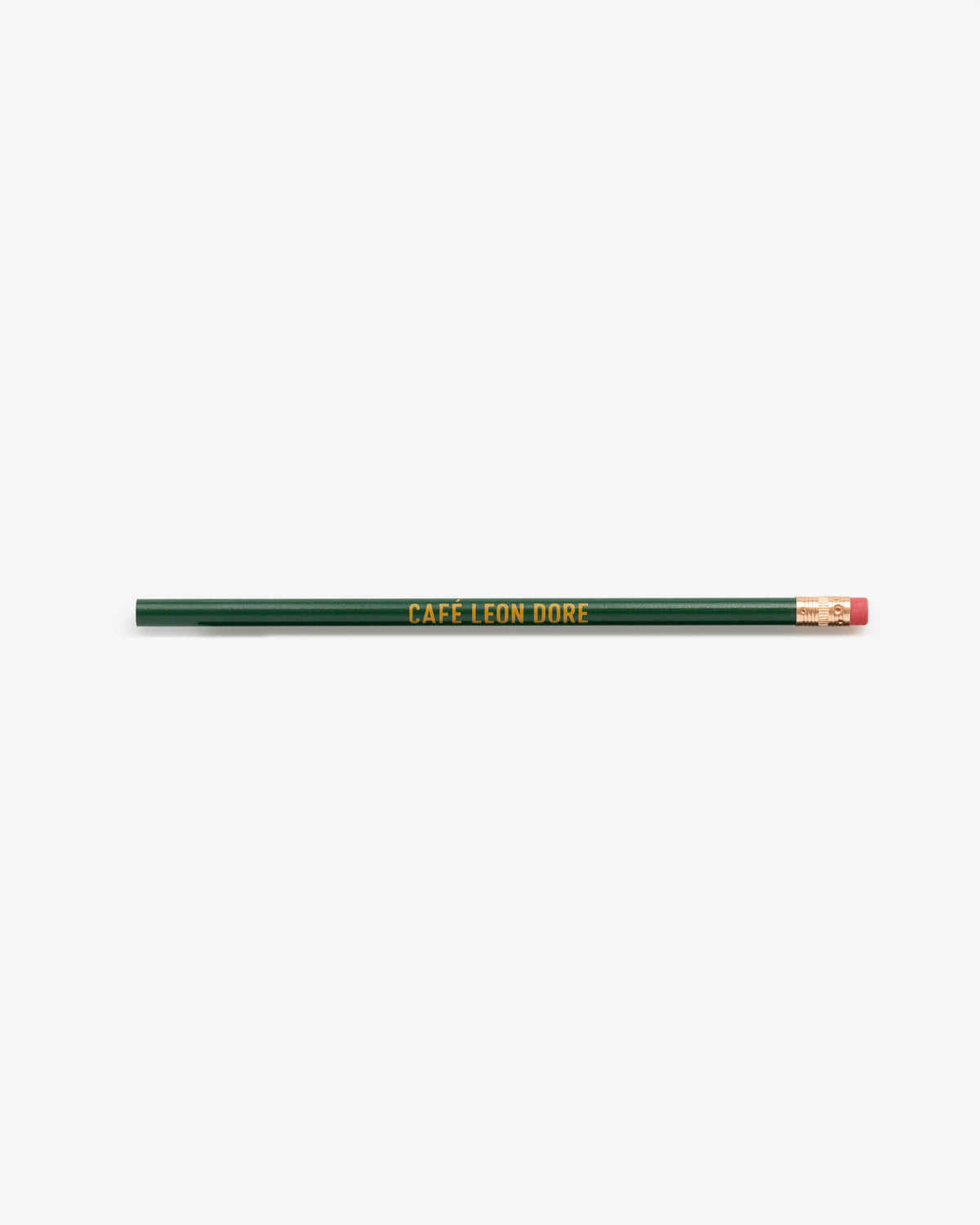 Café Leon Dore Pencil Pack: green pencil with gold text and pink eraser on a white background.