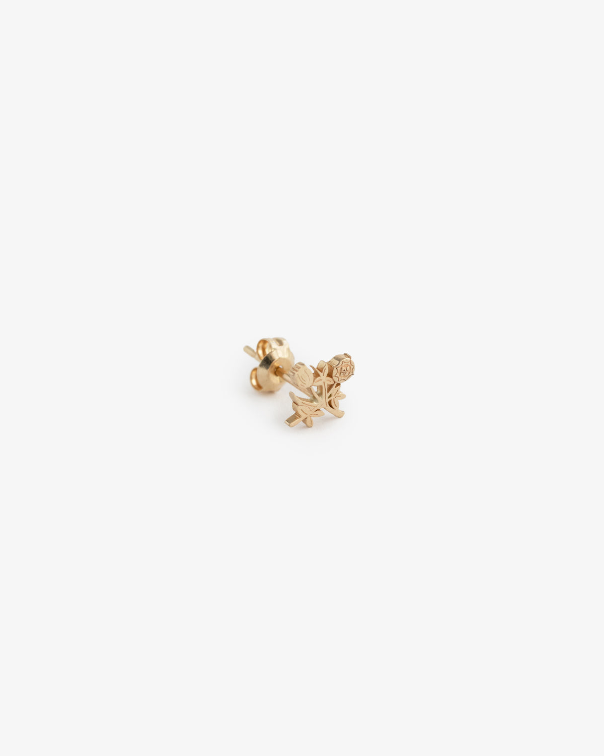 14Kt Gold Crest Earring shaped like a rose with leaf, displayed on a white background.