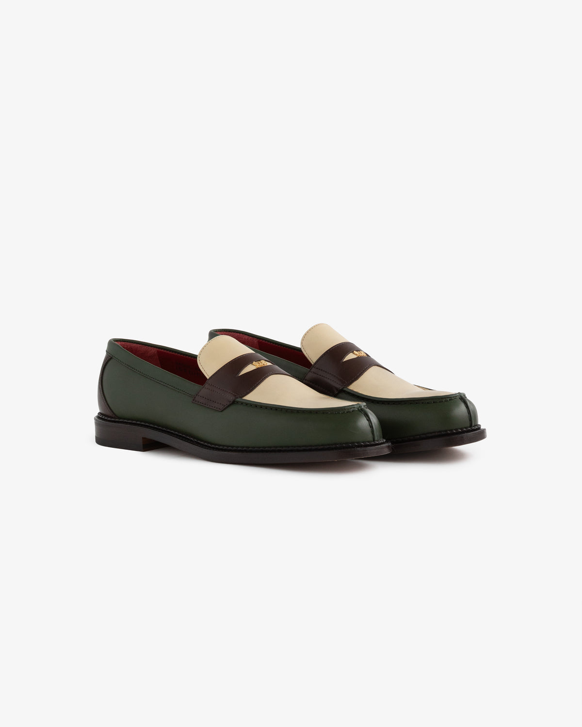 Queens Crest Loafer: green, beige, and brown leather low-heel loafers shown on a white background.