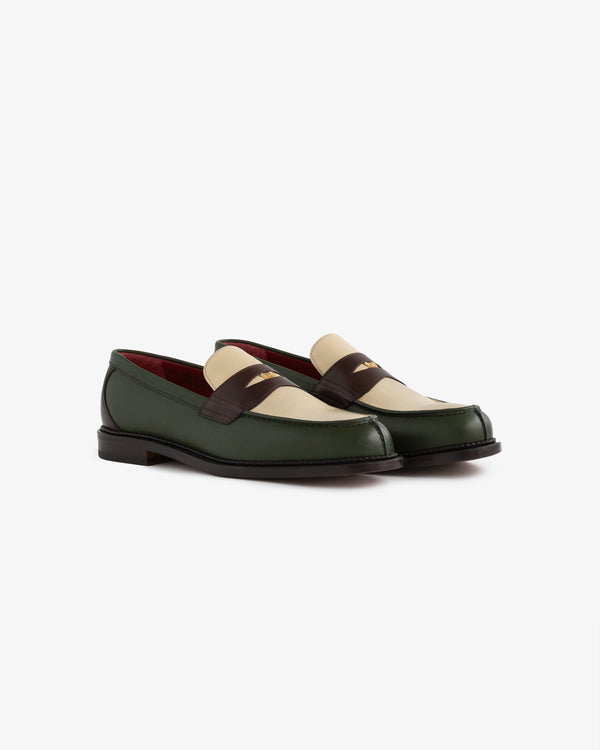 Queens Crest Loafer: green, beige, and brown leather low-heel loafers shown on a white background.