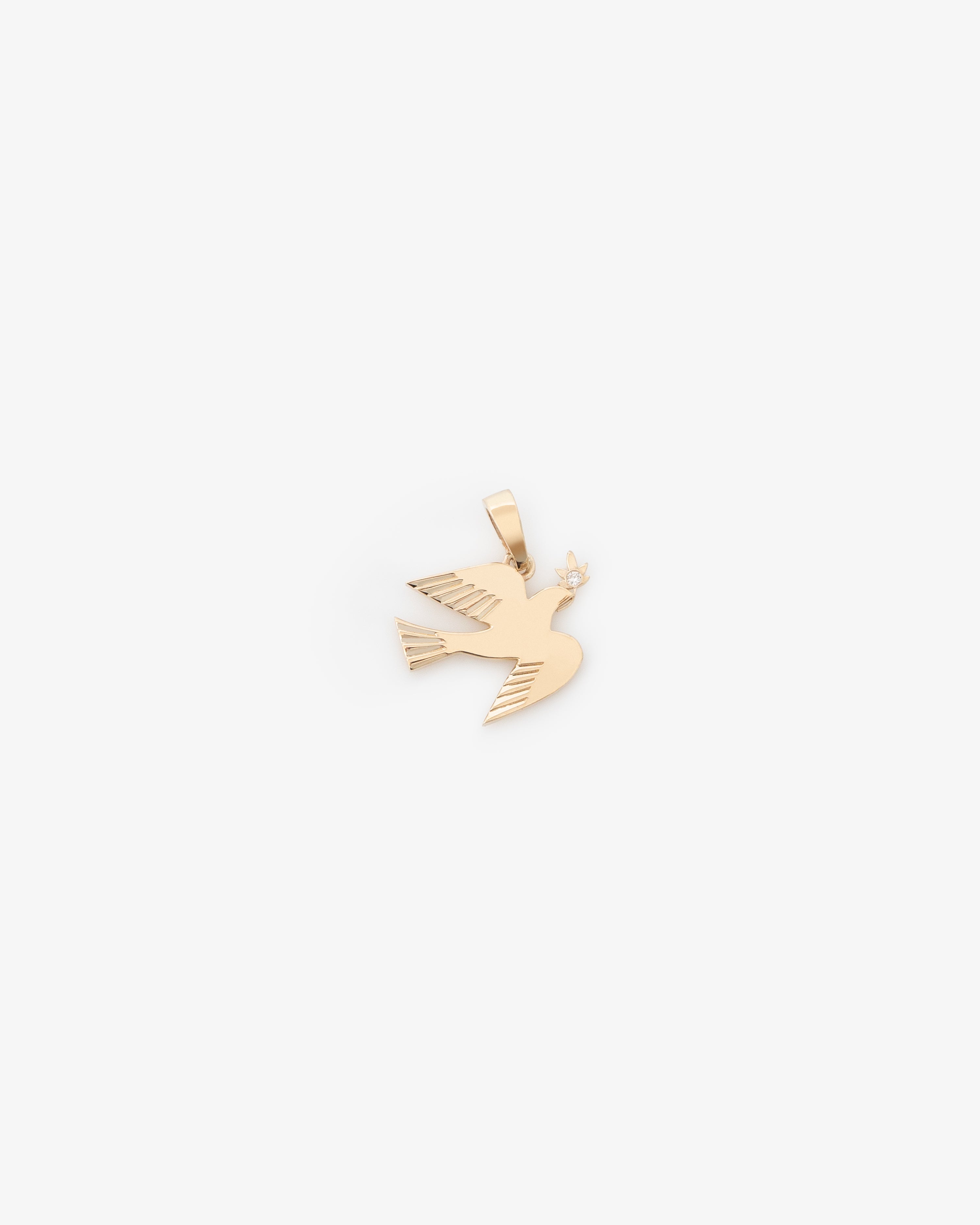 14Kt Gold Dove Pendant with a cut-out design holding an olive branch, shown on a plain white background.