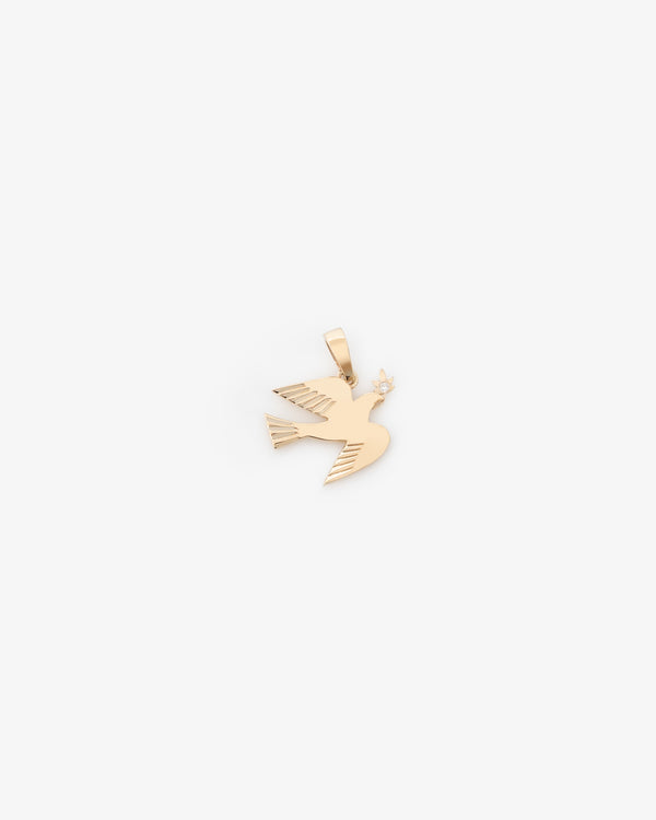 14Kt Gold Dove Pendant with a cut-out design holding an olive branch, shown on a plain white background.