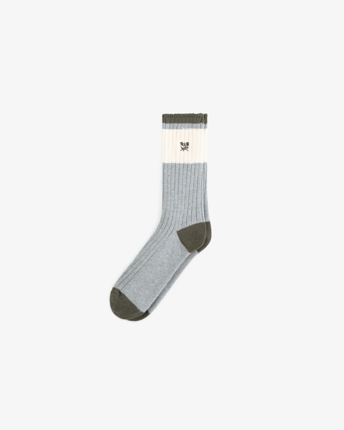 Marled Crest Socks: Gray ribbed socks with dark green toe, heel, cuff, and a white band near the cuff with a black crest.