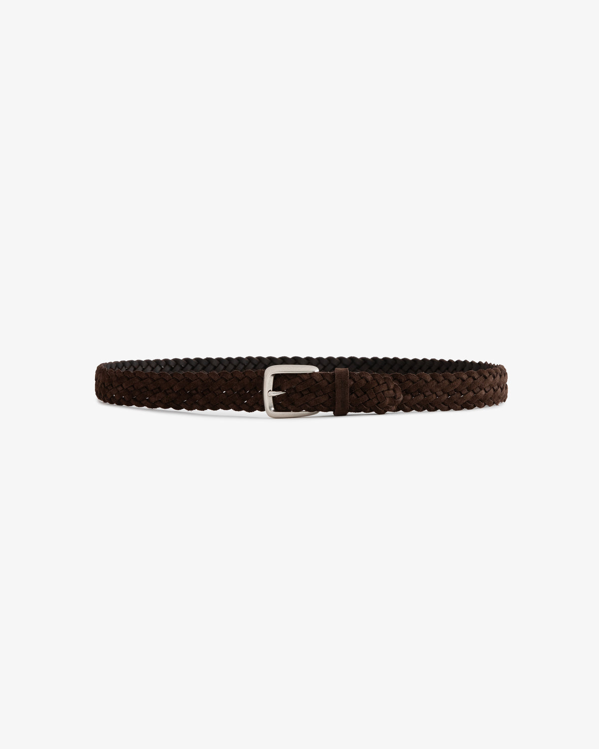 Braided Suede Belt in brown with a silver buckle, shown on a white background.