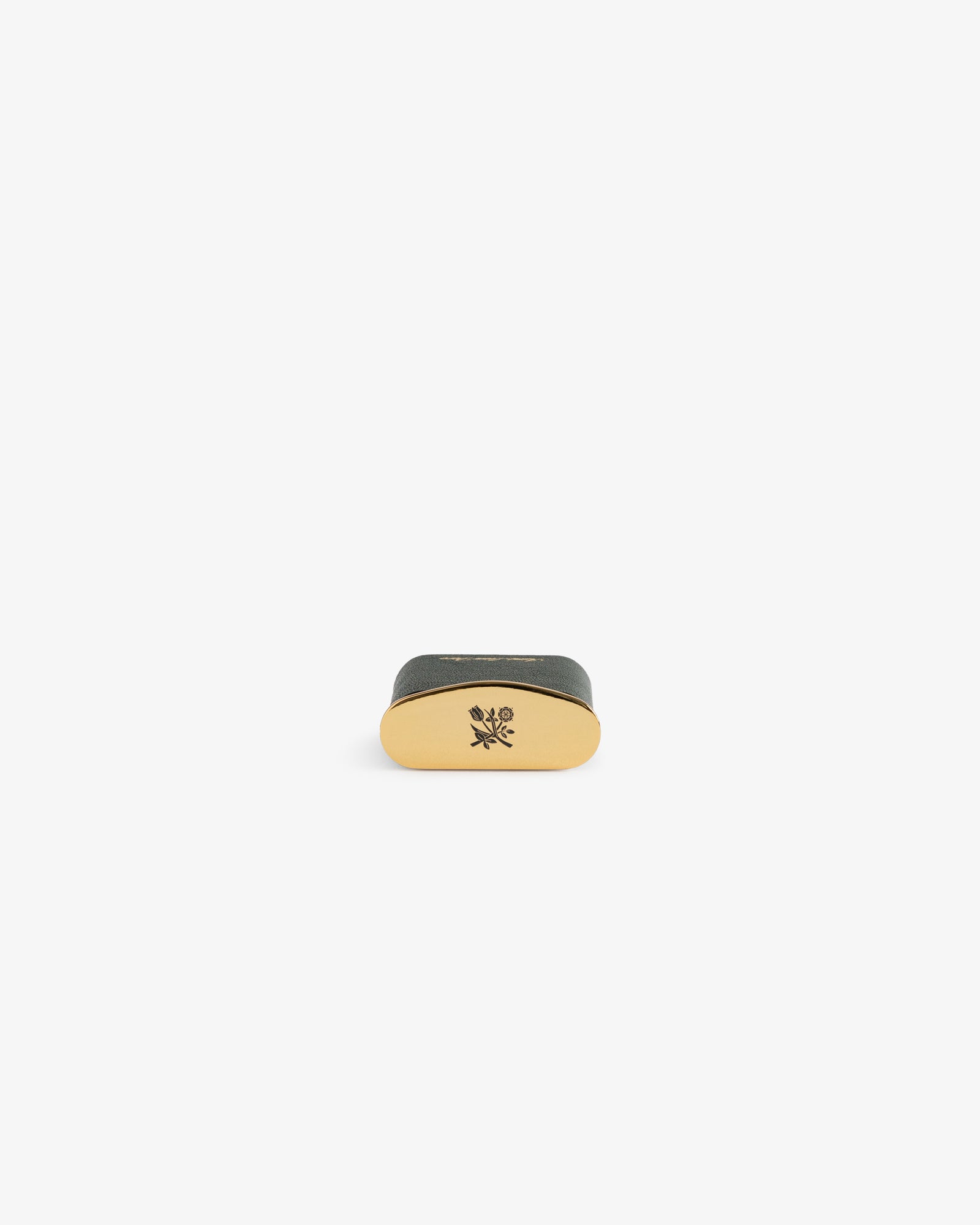 Queens Crest Leather Portable Ashtray, gold and black with a floral emblem, shown on a plain white background.