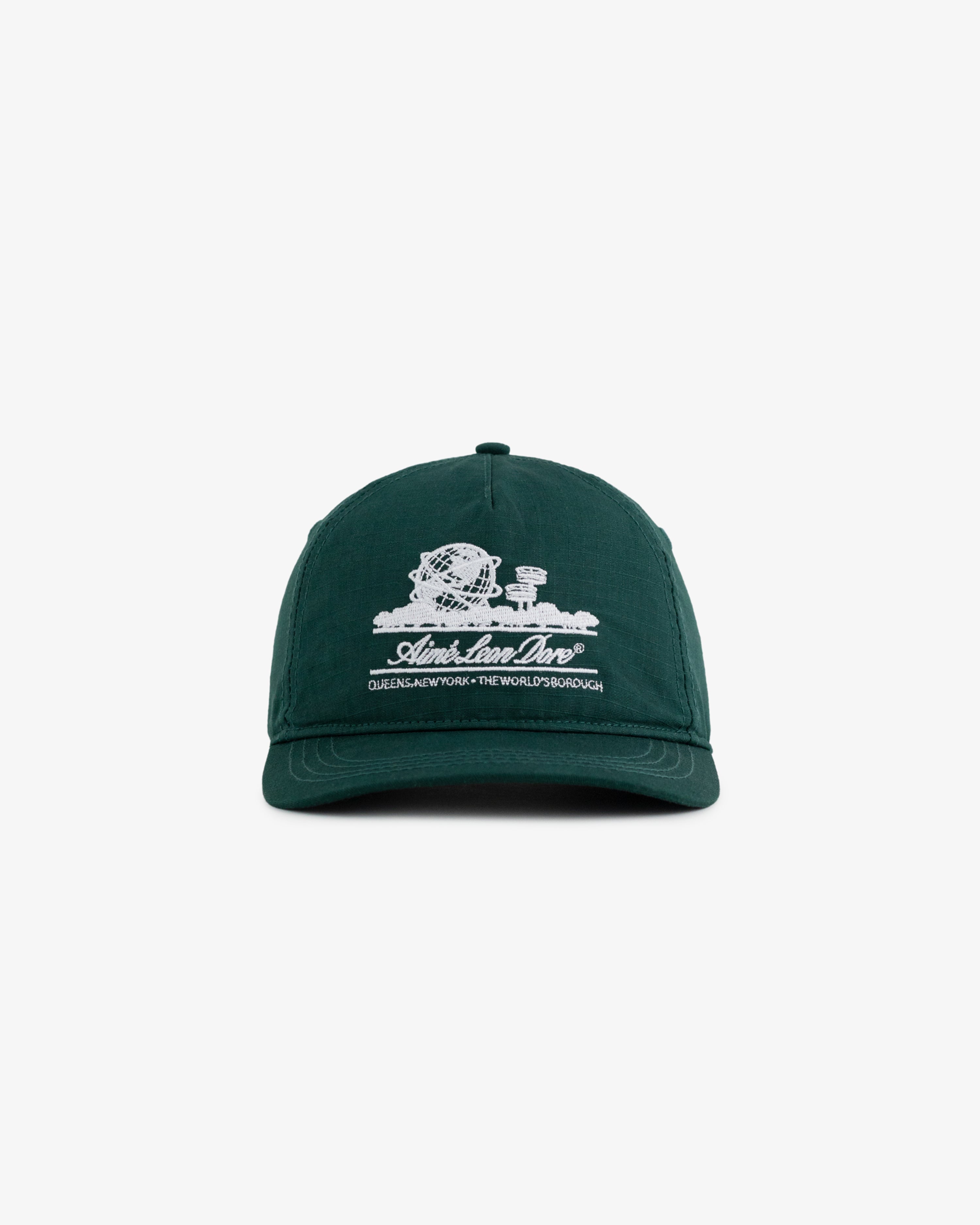Unisphere Hat: green baseball cap with white embroidered design and text on front, shown on white background.