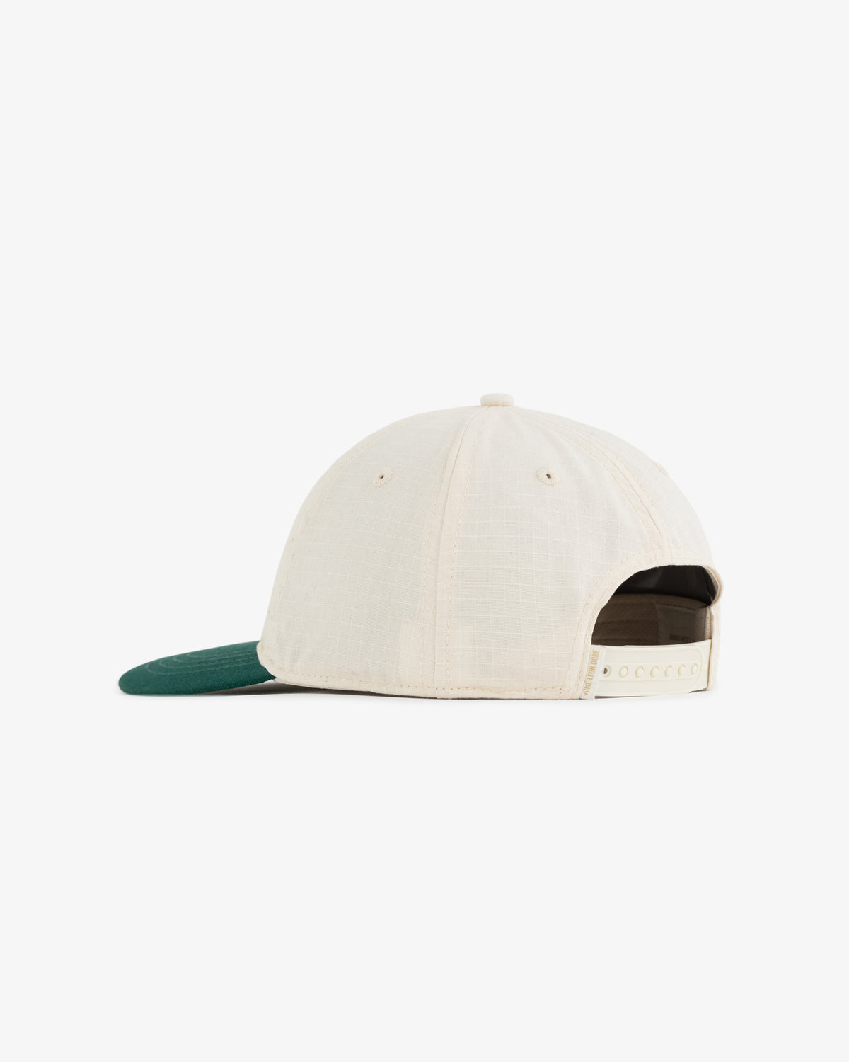 The Unisphere Hat is a white cap with a green brim, shown from the back, featuring an adjustable strap.
