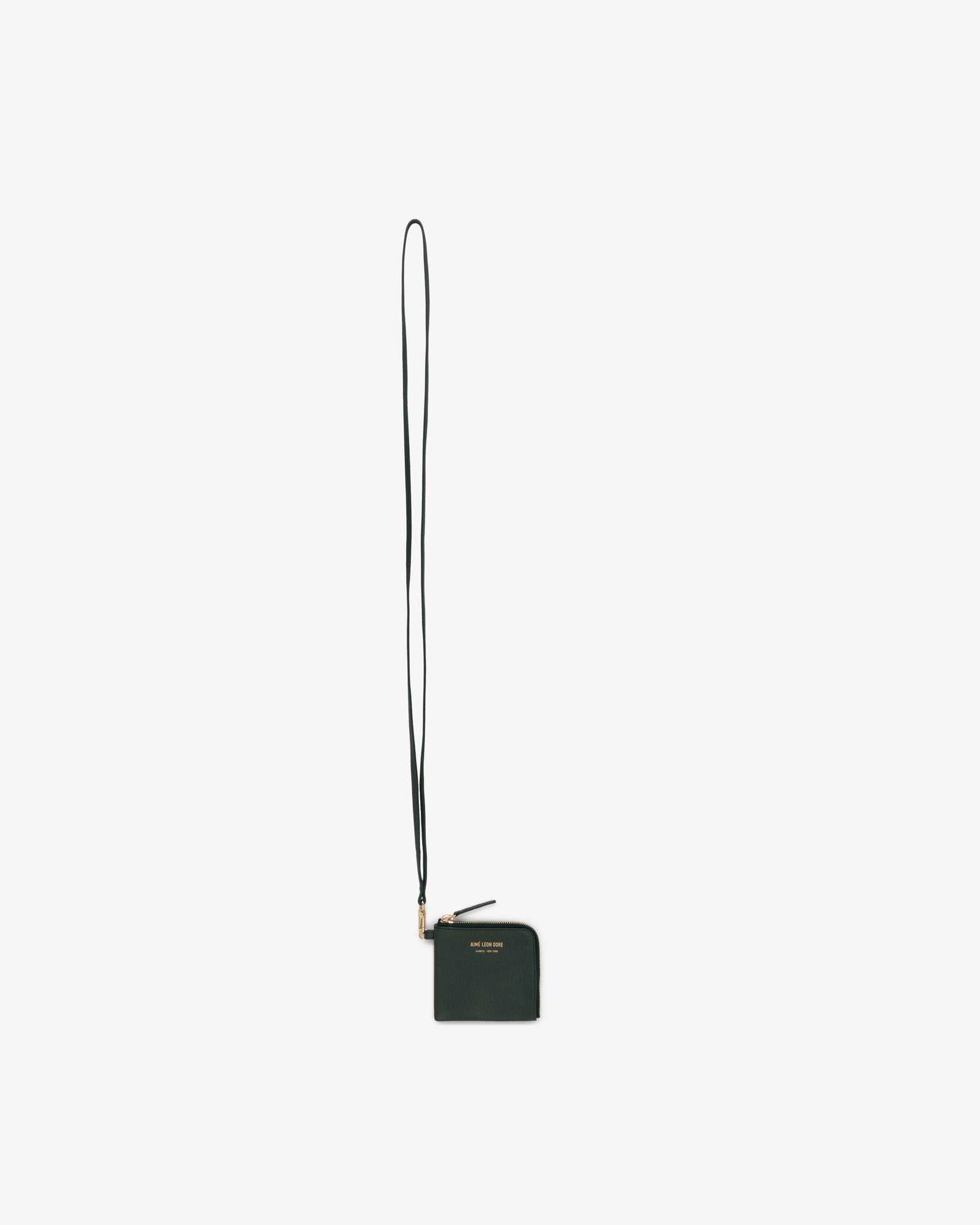 Leather Zip Wallet in black with zipper and long strap, shown on a plain white background.