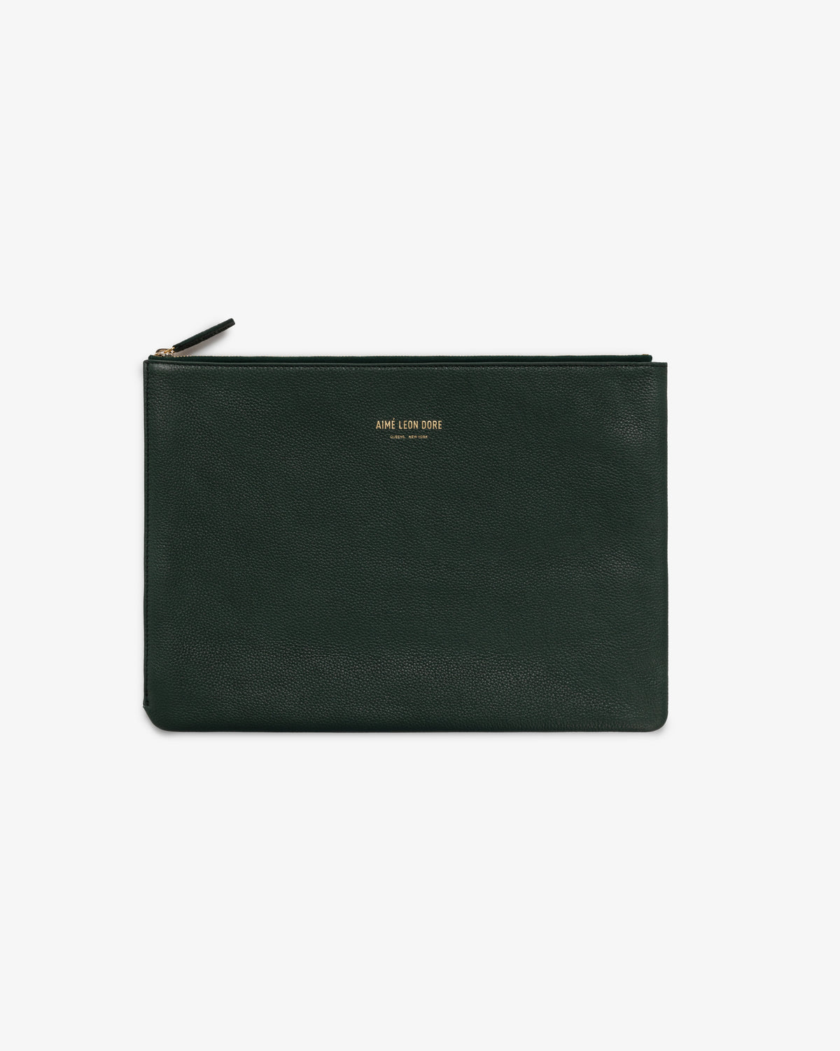 Medium Leather Pouch in dark green leather with gold AIME LEON DORE text on front, shown on white background.