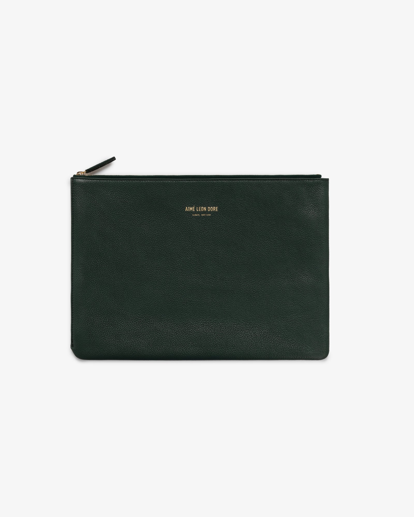 Medium Leather Pouch in dark green leather with gold AIME LEON DORE text on front, shown on white background.
