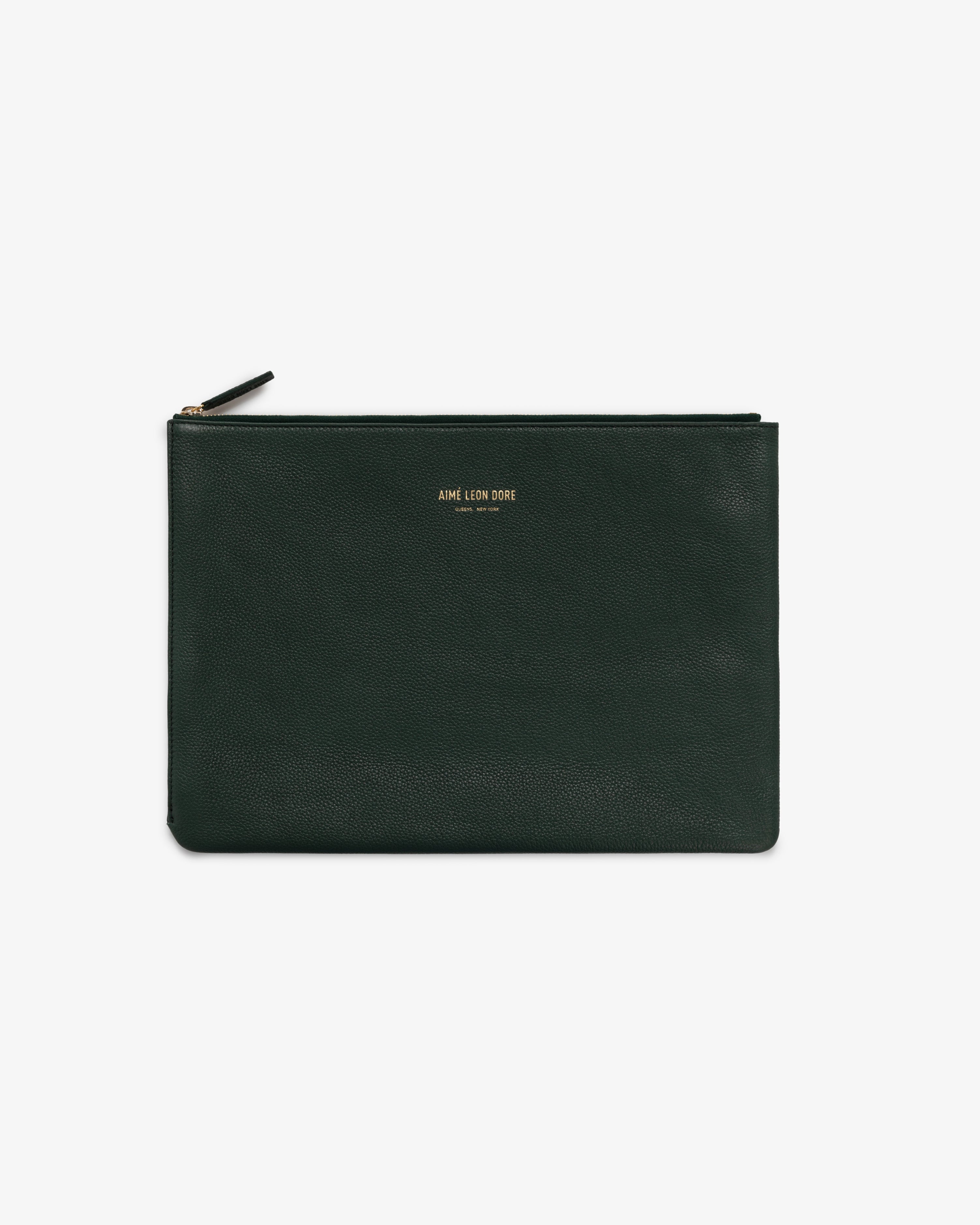 Medium Leather Pouch in dark green leather with gold AIME LEON DORE text on front, shown on white background.