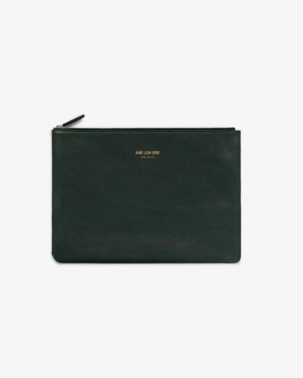 Medium Leather Pouch in dark green leather with gold AIME LEON DORE text on front, shown on white background.