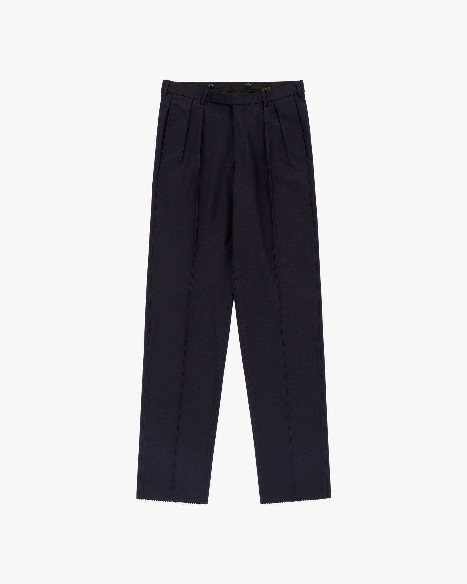 Tropical Wool Suit Trouser in navy blue with a high waist and straight legs, shown on a white background.