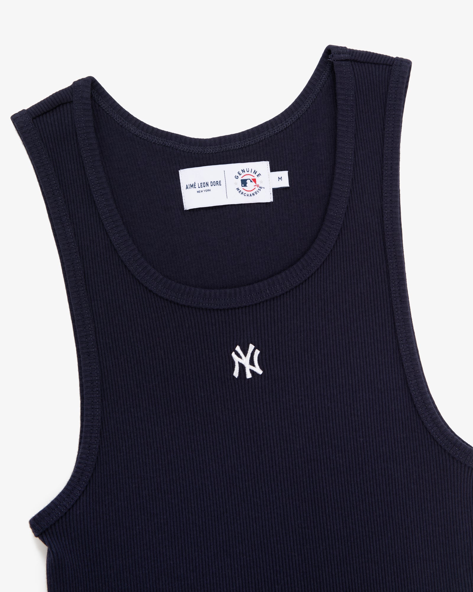 Navy Yankees Tank Top with white logo and label featuring Aimé Leon Dore and MLB branding.