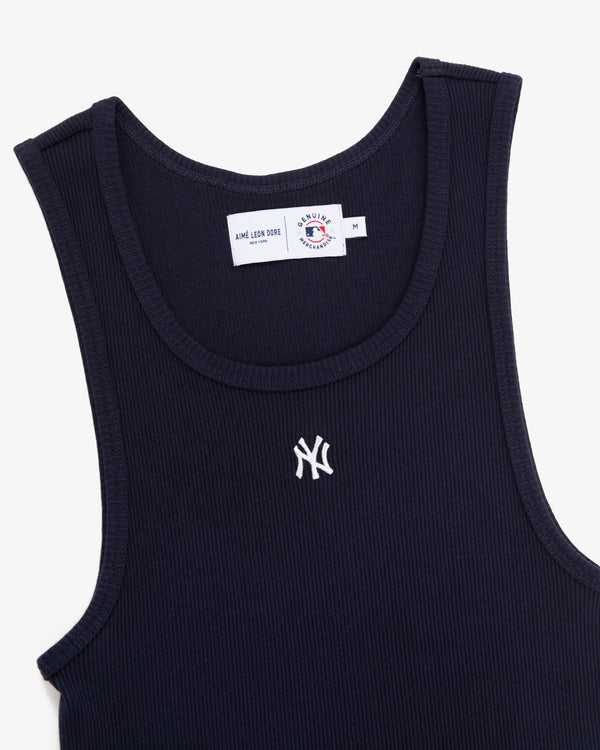 Navy Yankees Tank Top with white logo and label featuring Aimé Leon Dore and MLB branding.
