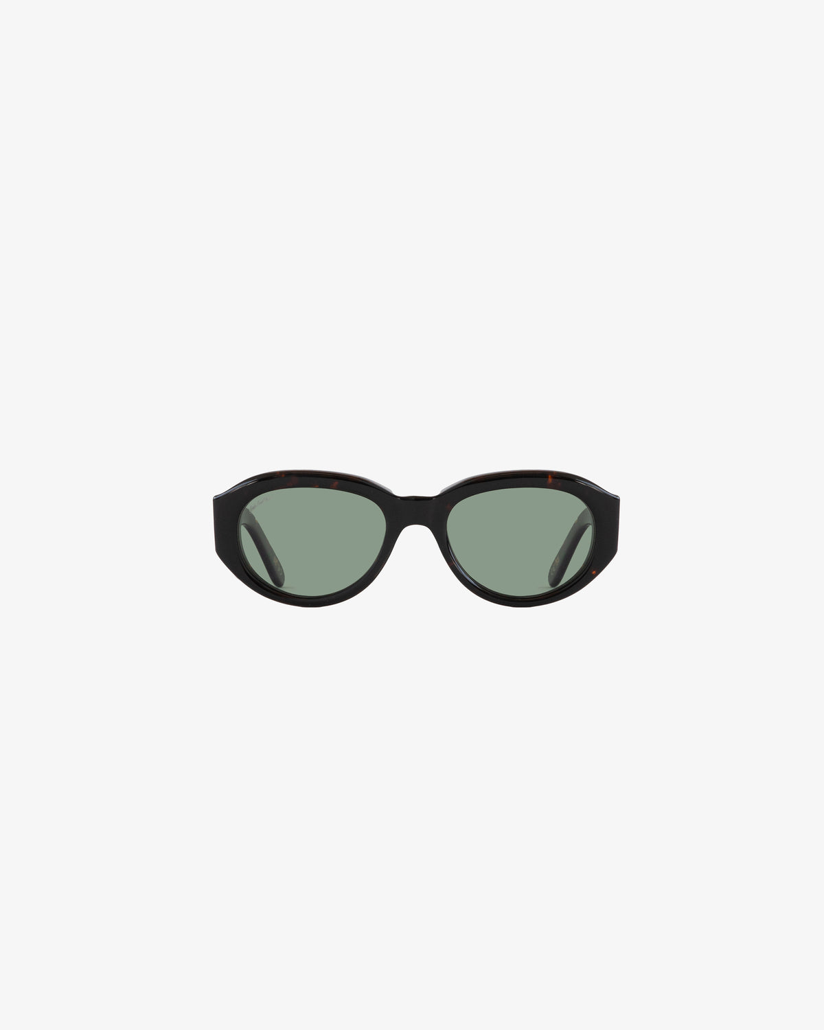 Jackie O Sunglasses: black oval frames with green tinted lenses, shown on a plain white background.