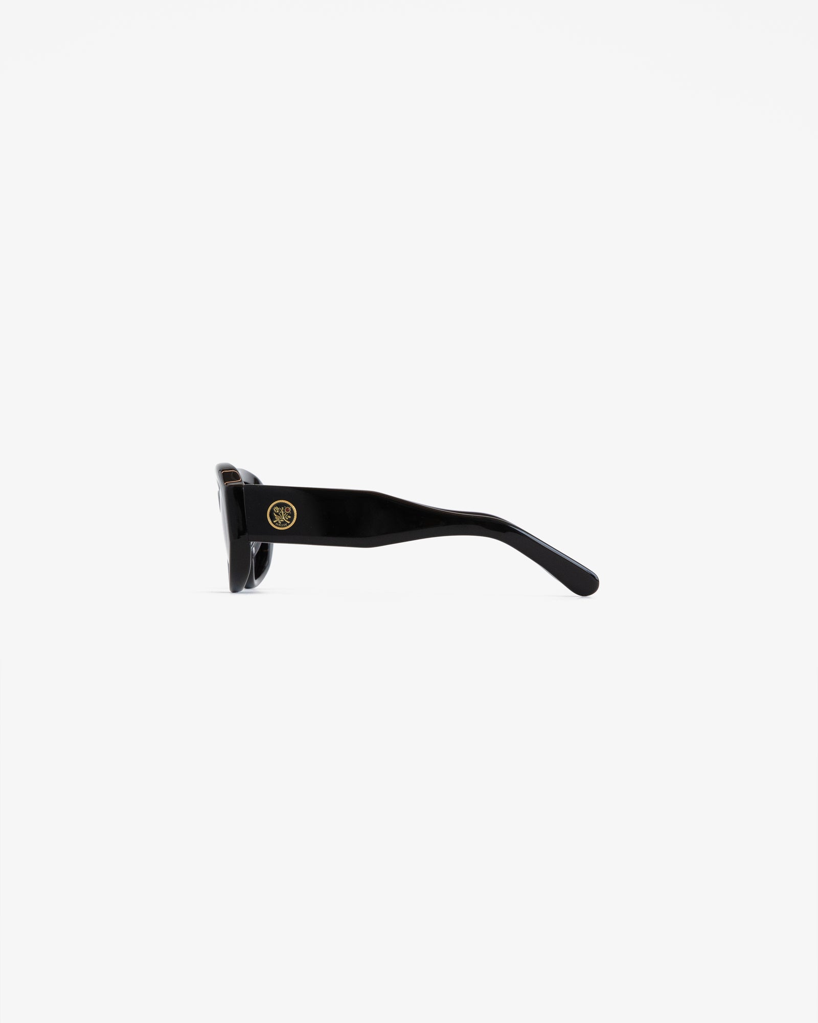Jackie O Sunglasses in black, side view with gold emblem on the arm, set against a plain white background.