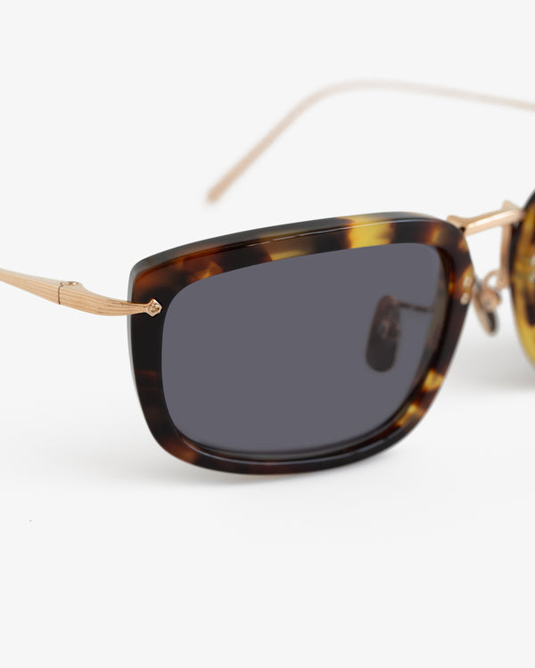 Close-up of Ace Sunglasses: tortoiseshell frames, gold metal arms, and dark lenses against a white background.