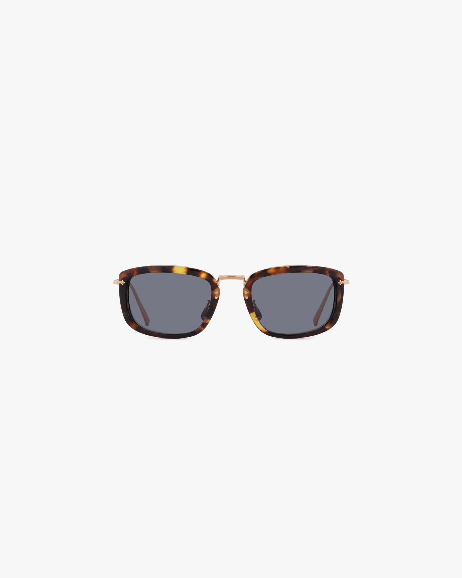 Ace Sunglasses feature rectangular dark lenses, tortoiseshell frames, and slim gold temples on a white background.