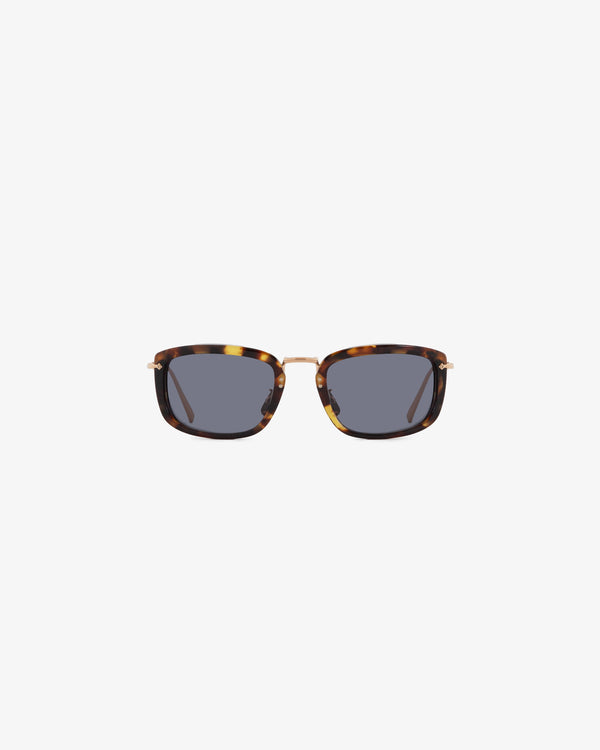 Ace Sunglasses feature rectangular dark lenses, tortoiseshell frames, and slim gold temples on a white background.