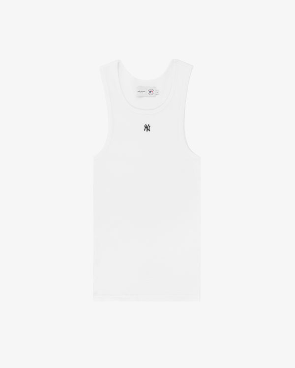 Yankees Tank Top: white sleeveless shirt with a small black NY logo on the chest, shown on a plain white background.