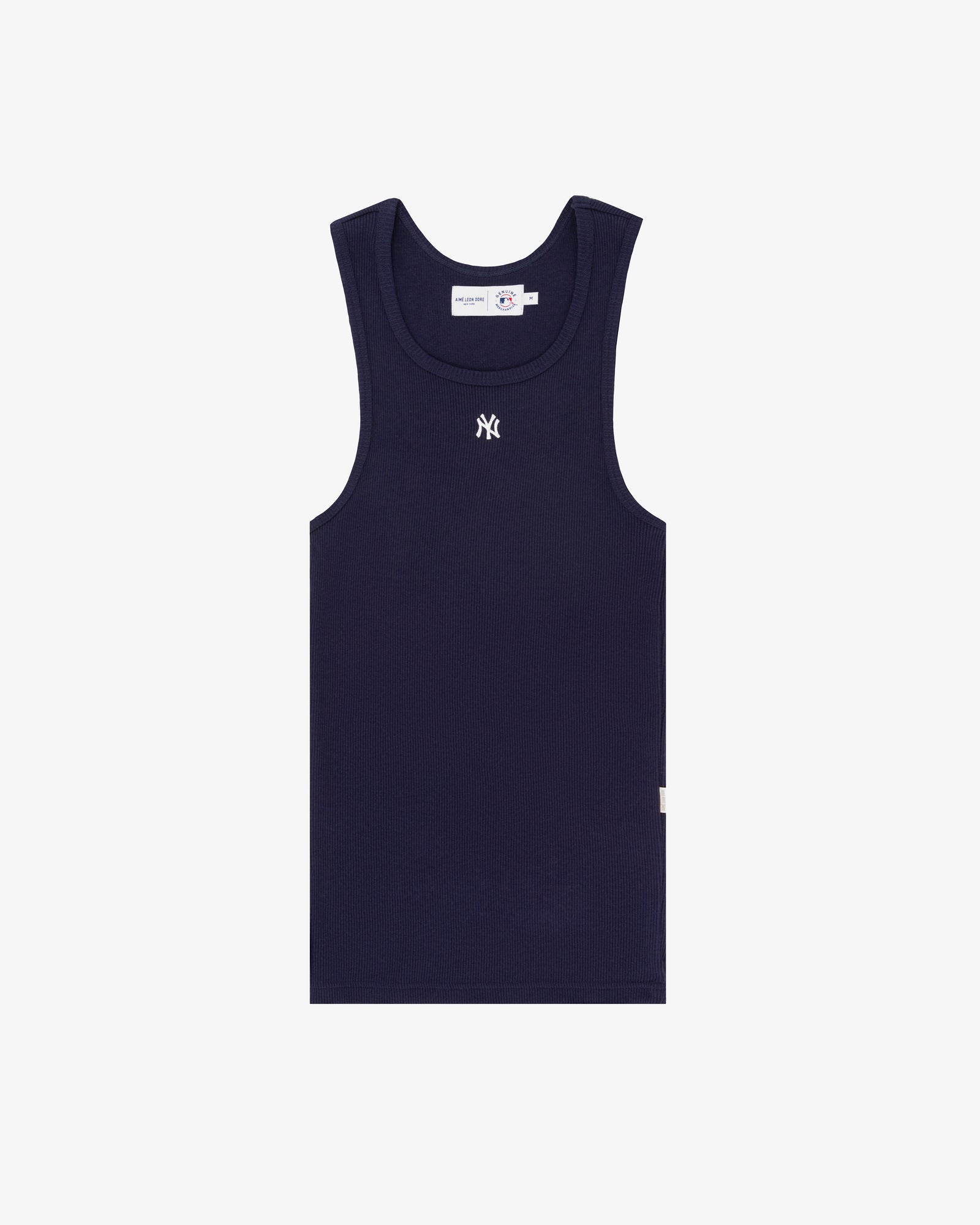 Yankees Tank Top: Navy blue, sleeveless, with small white NY logo on the chest, shown on a white background.