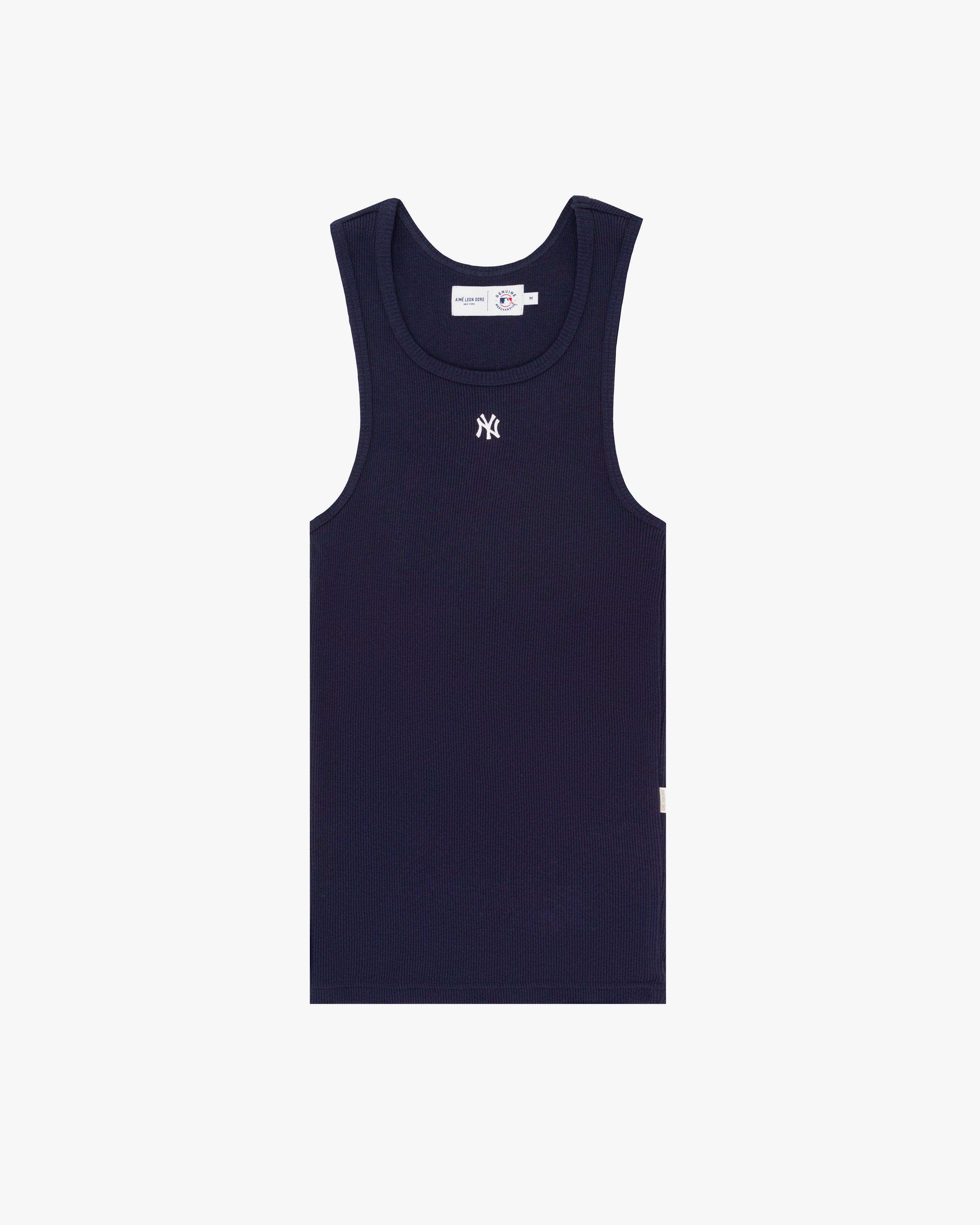 Yankees Tank Top: Navy blue, sleeveless, with small white NY logo on the chest, shown on a white background.