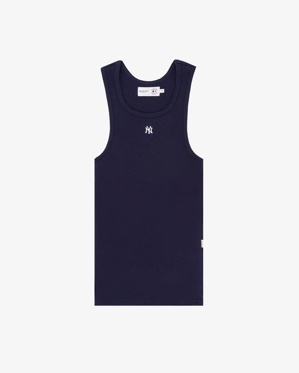 Yankees Tank Top: Navy blue, sleeveless, with small white NY logo on the chest, shown on a white background.