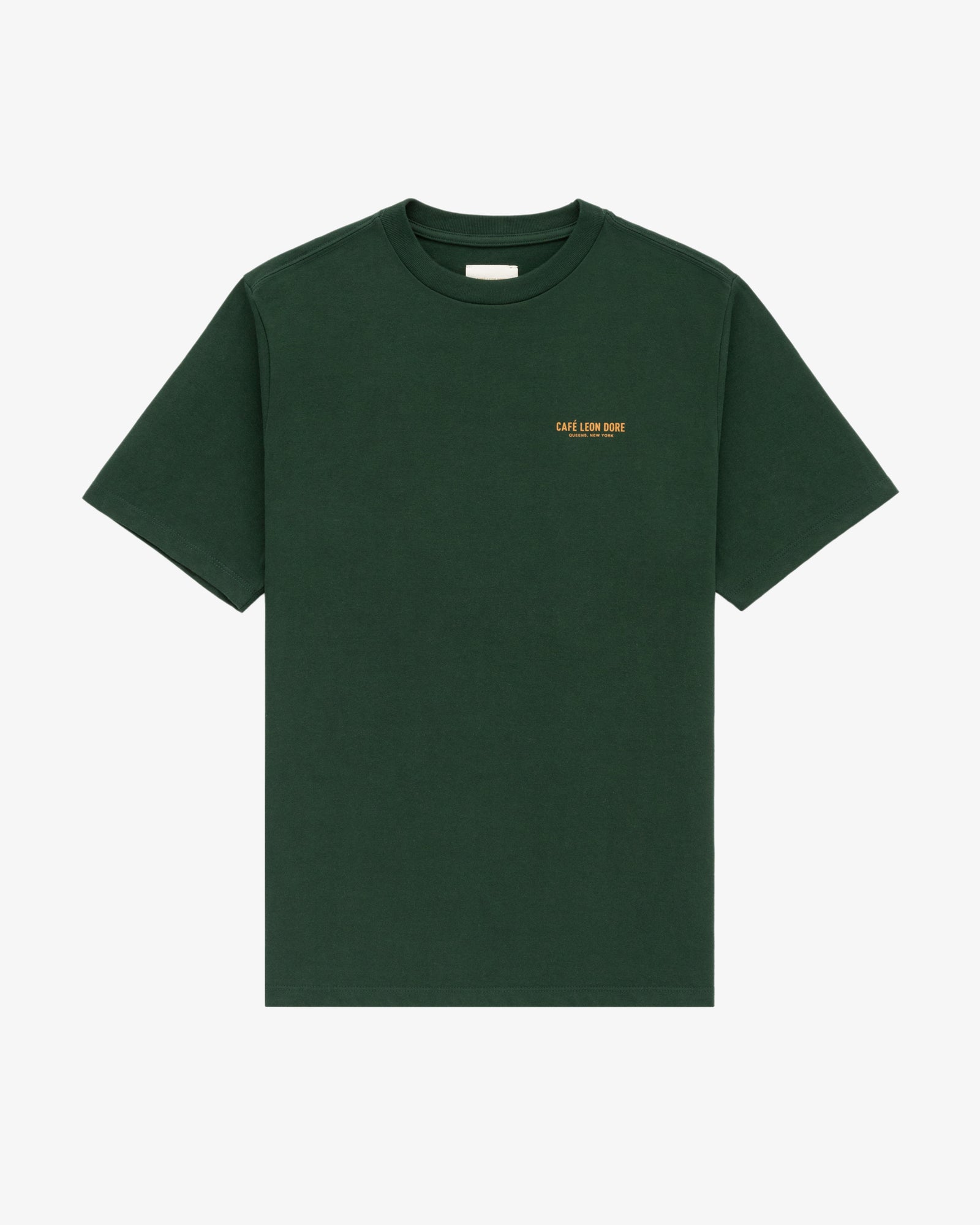 Dark green Café Leon Dore Logo Tee with small yellow left chest text.