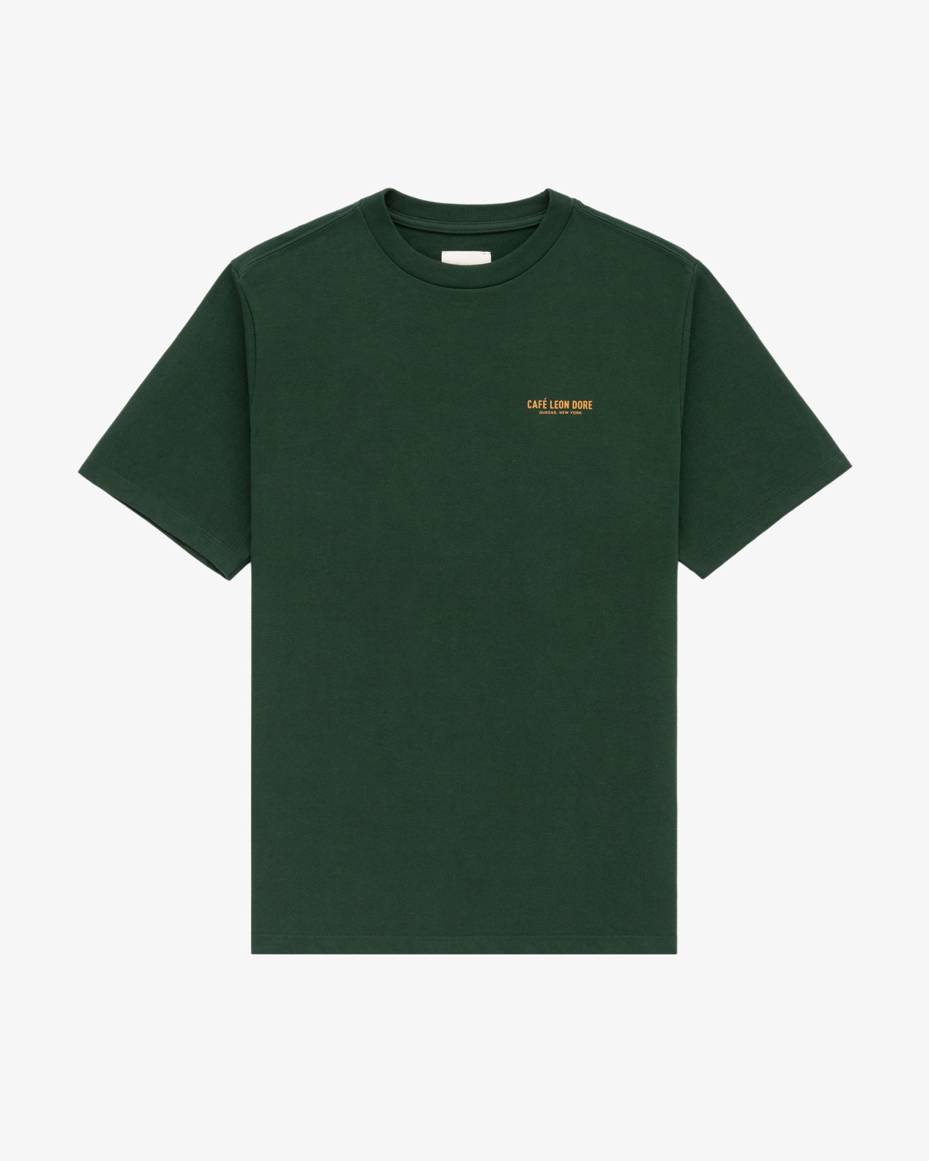 Dark green Café Leon Dore Logo Tee with small yellow left chest text.