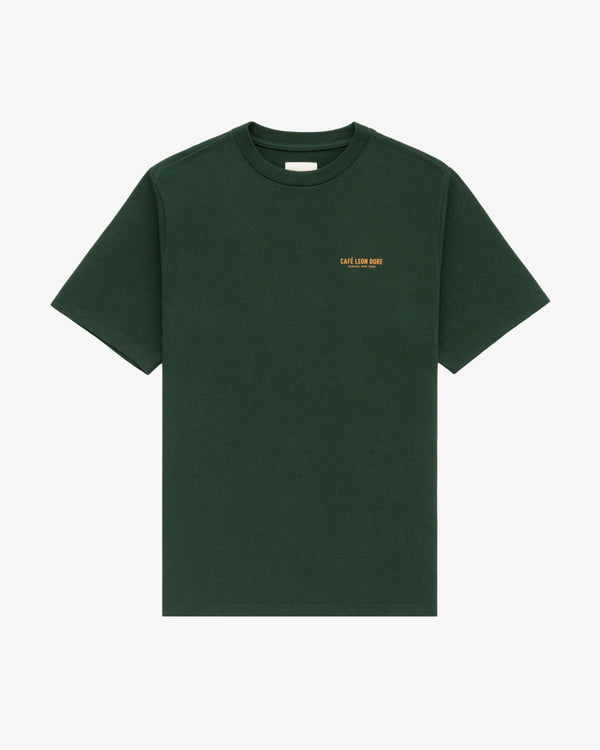 Dark green Café Leon Dore Logo Tee with small yellow left chest text.