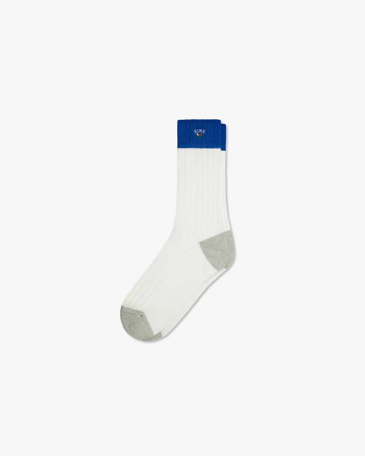 Crest Varsity Sock: White ribbed sock with blue cuff, gray heel and toe, shown on a plain white background.