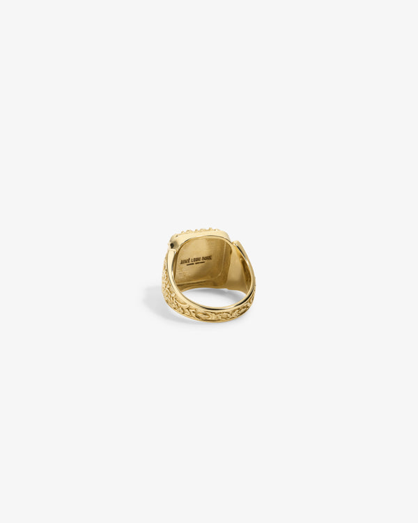 14Kt Gold Turquoise Inlay Ring, back view showing inside engraving on a plain white background.