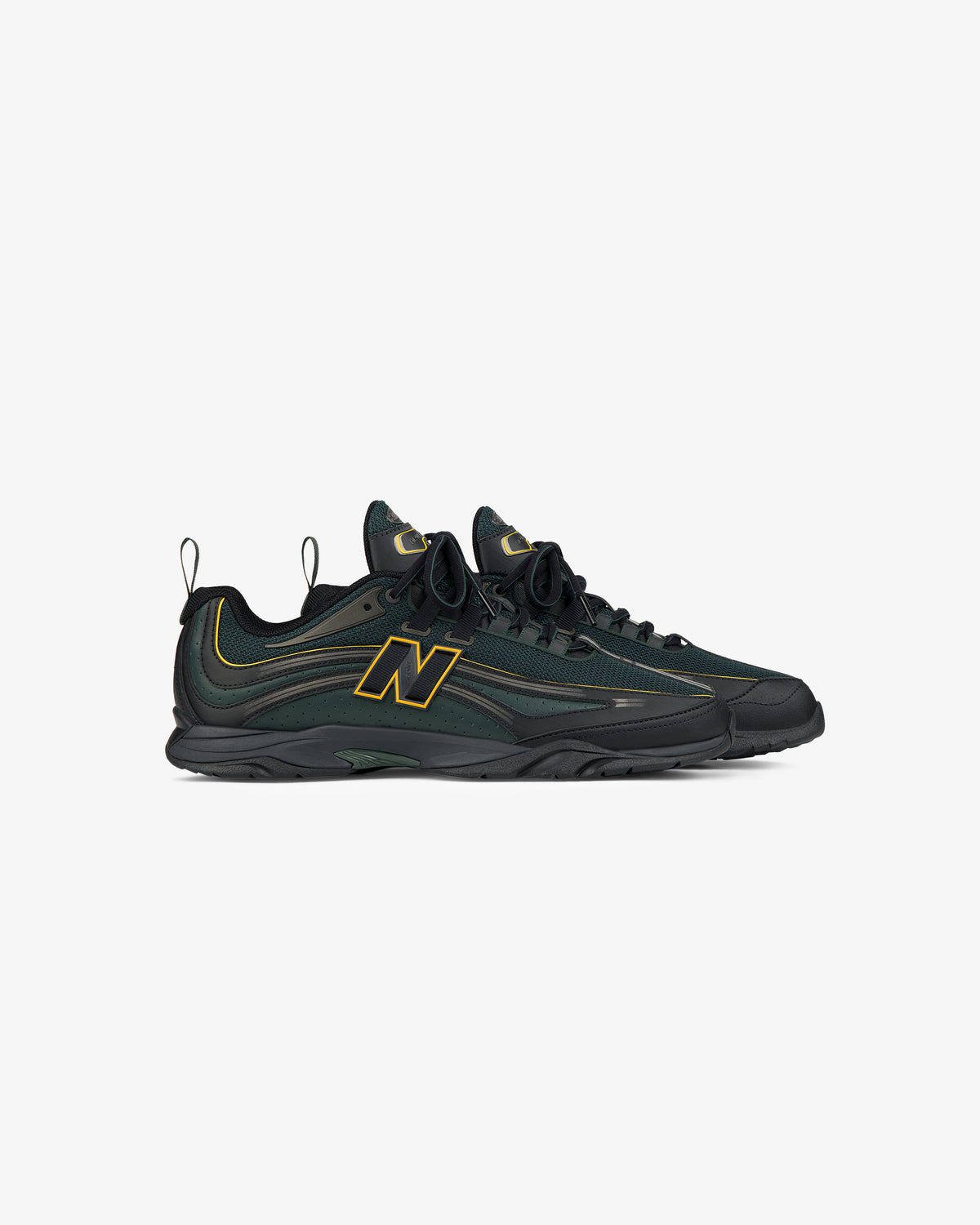 ALD / New Balance RC56 sneakers in black and green with yellow accents and N logos, shown on a white background.