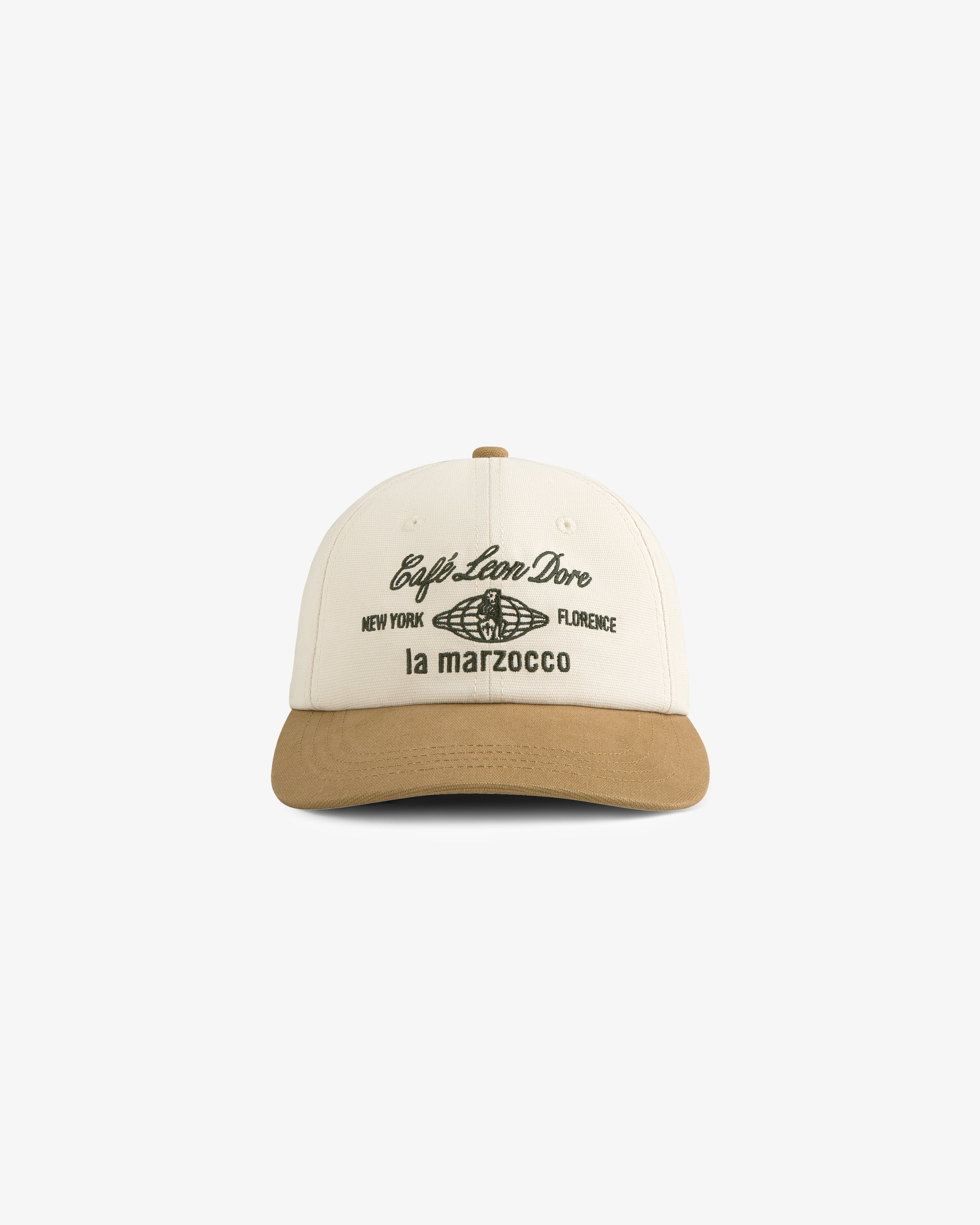 Beige and tan Café Leon Dore / La Marzocco Hat featuring both logos printed on the front.