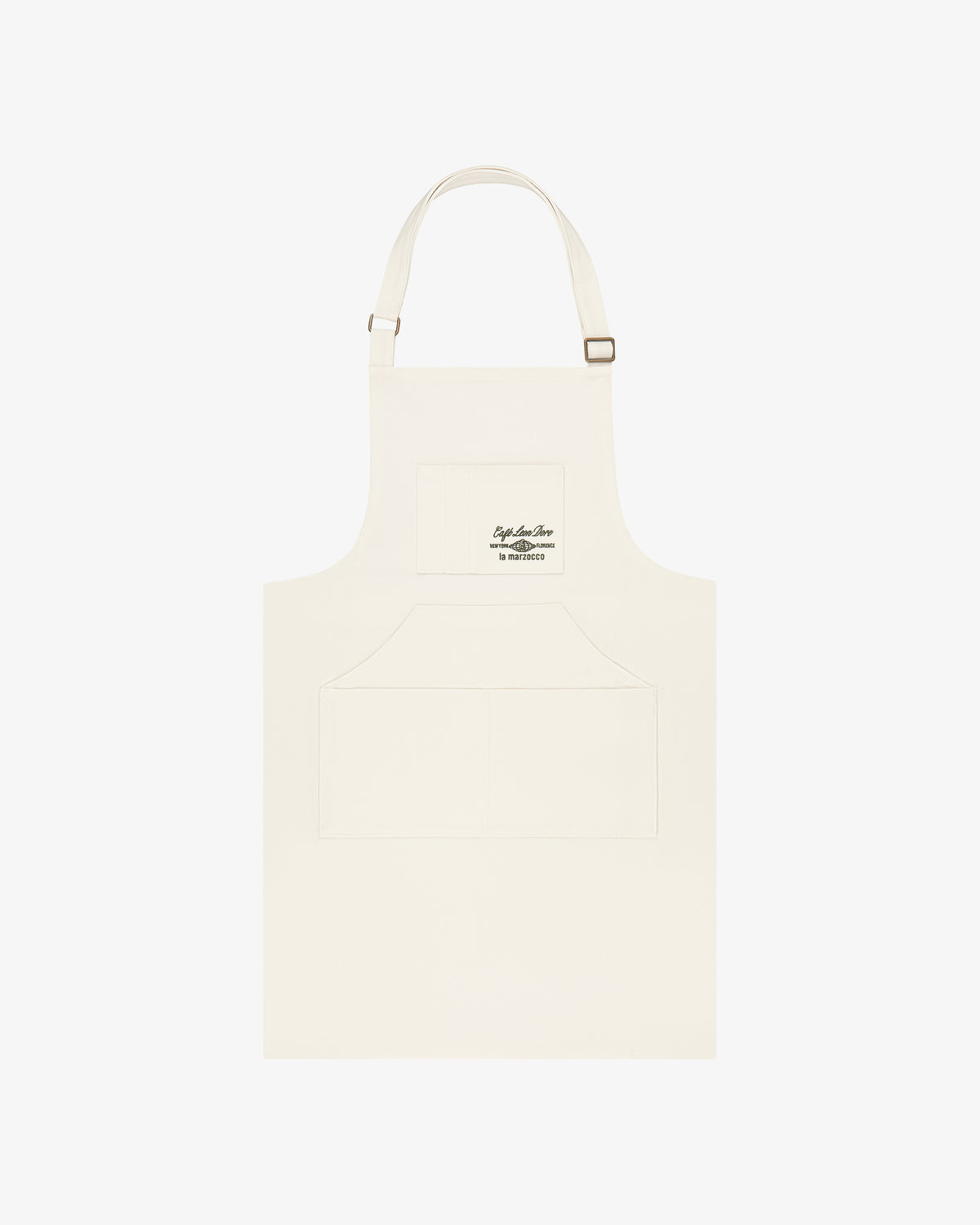 Café Leon Dore / La Marzocco Apron: Ivory with adjustable neck, front pockets, and small chest logo.