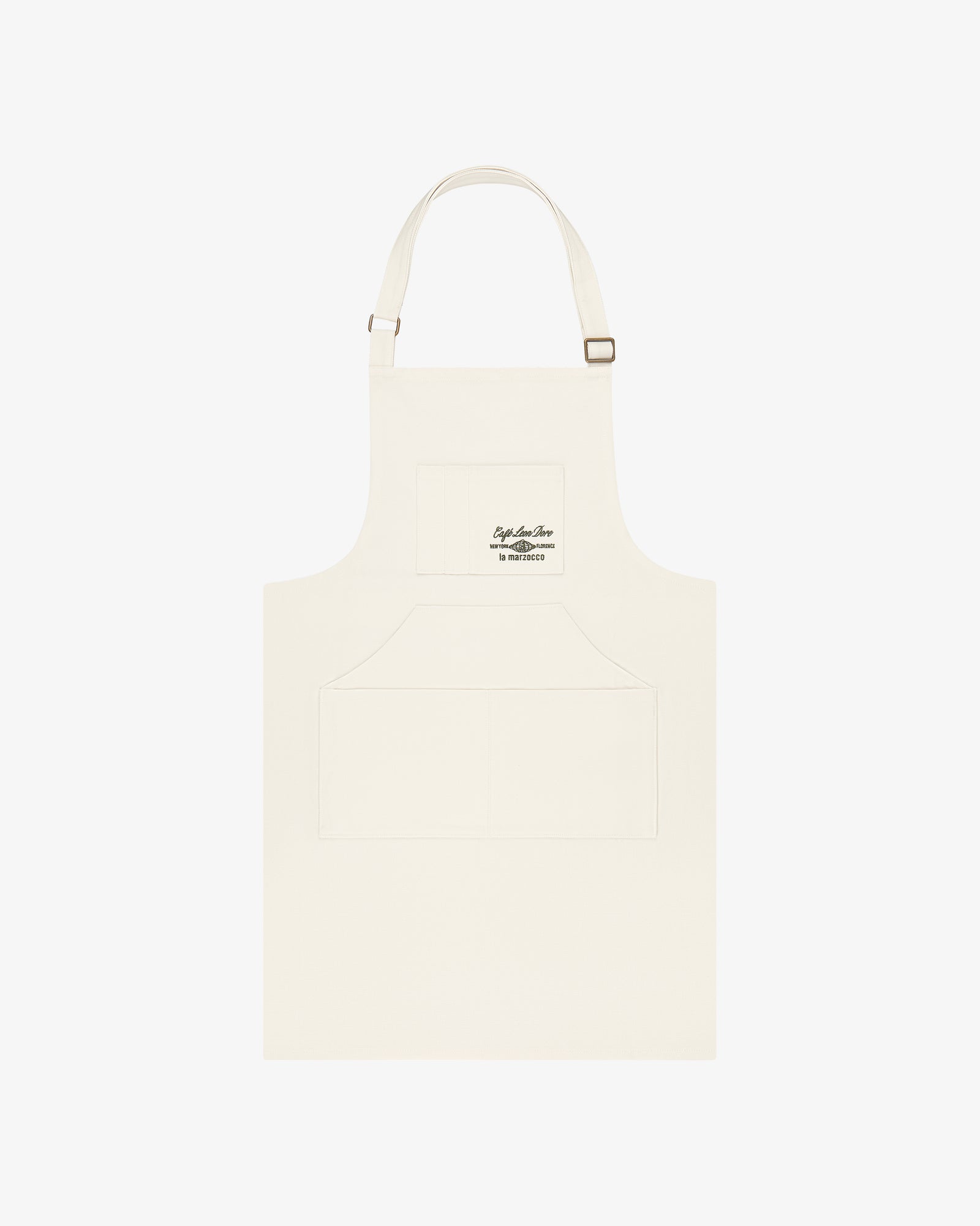 Café Leon Dore / La Marzocco Apron: Ivory with adjustable neck, front pockets, and small chest logo.