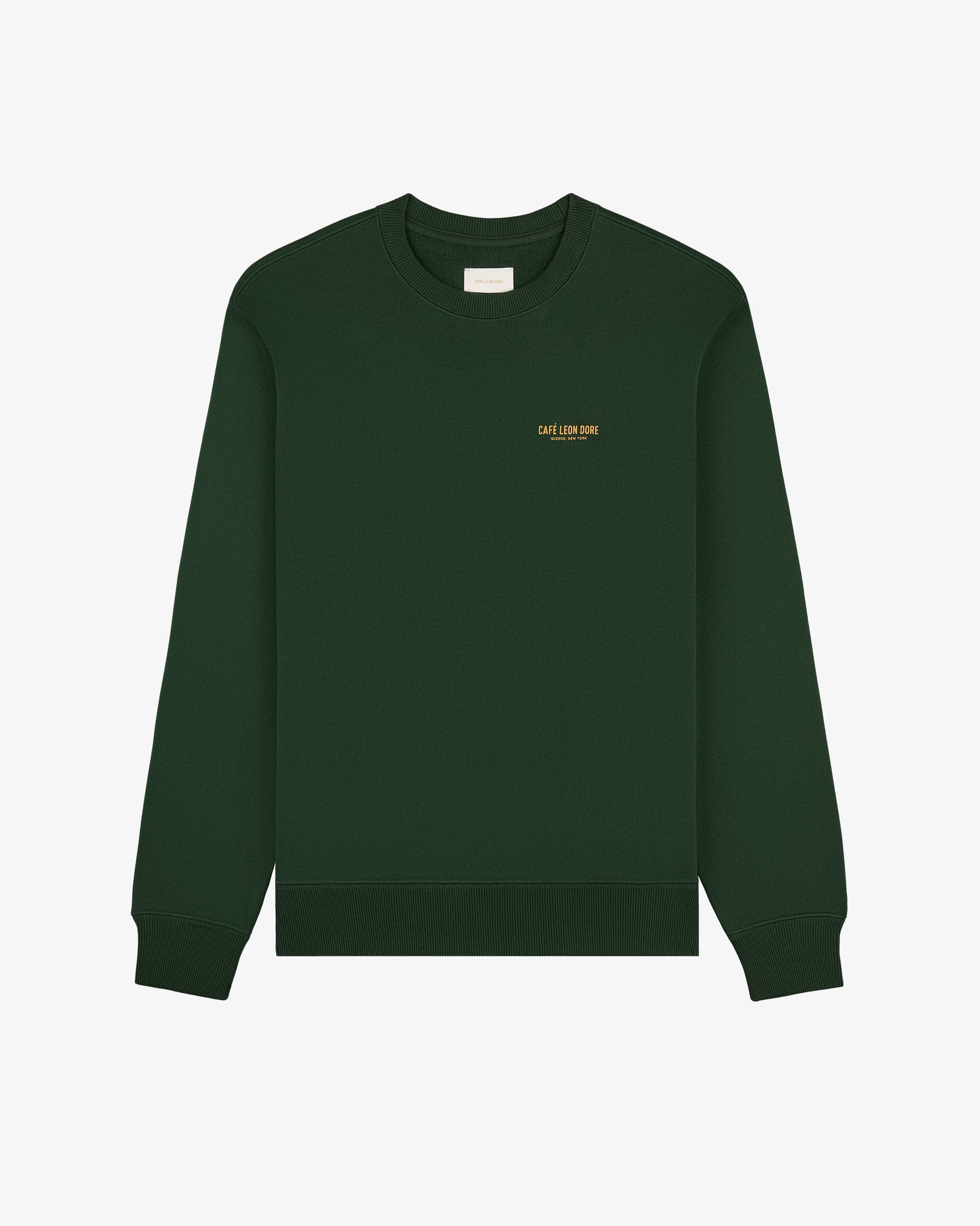 Café Leon Dore Crewneck Sweatshirt in dark green with small yellow chest text, shown on a white background.