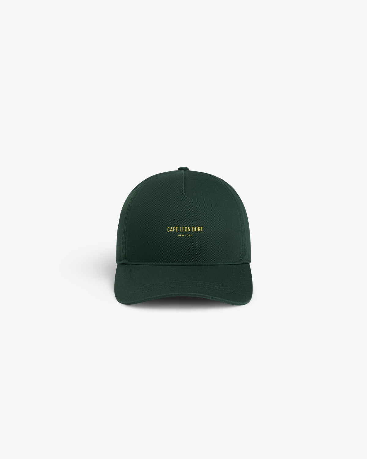 Café Leon Dore Logo Hat in dark green with yellow “CAFÉ LEON DORE NEW YORK” embroidery on the front.