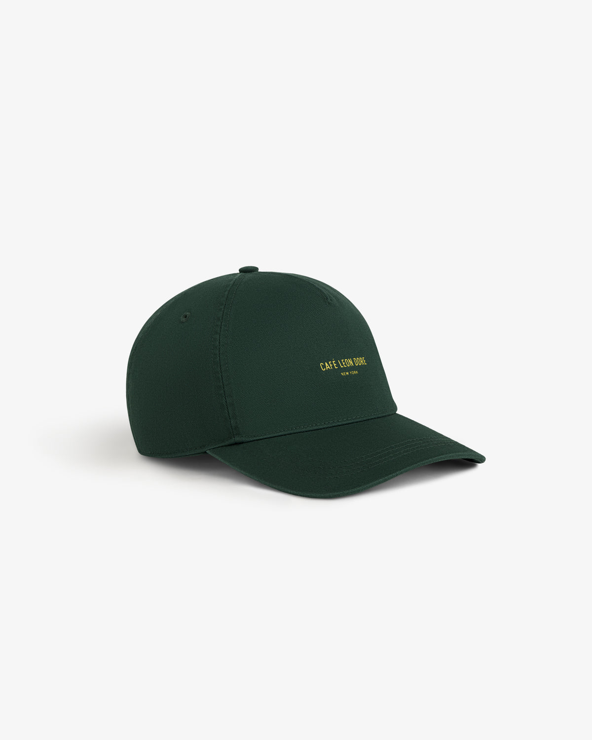 Café Leon Dore Logo Hat in dark green with small yellow front text, shown on a plain white background.
