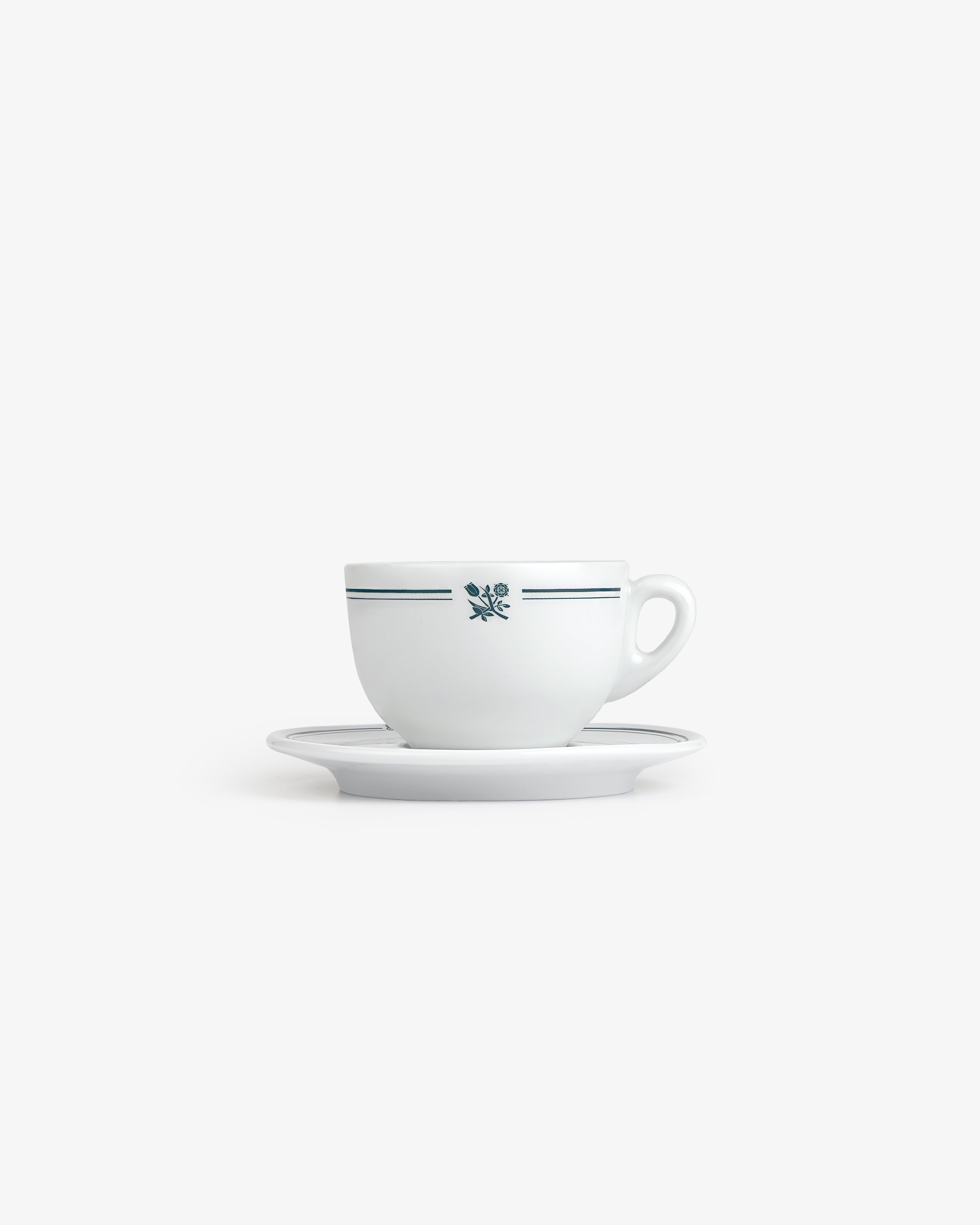 Café Leon Dore Cappuccino Cup & Saucer set of 6, white porcelain with green lines and eagle crest on saucers.