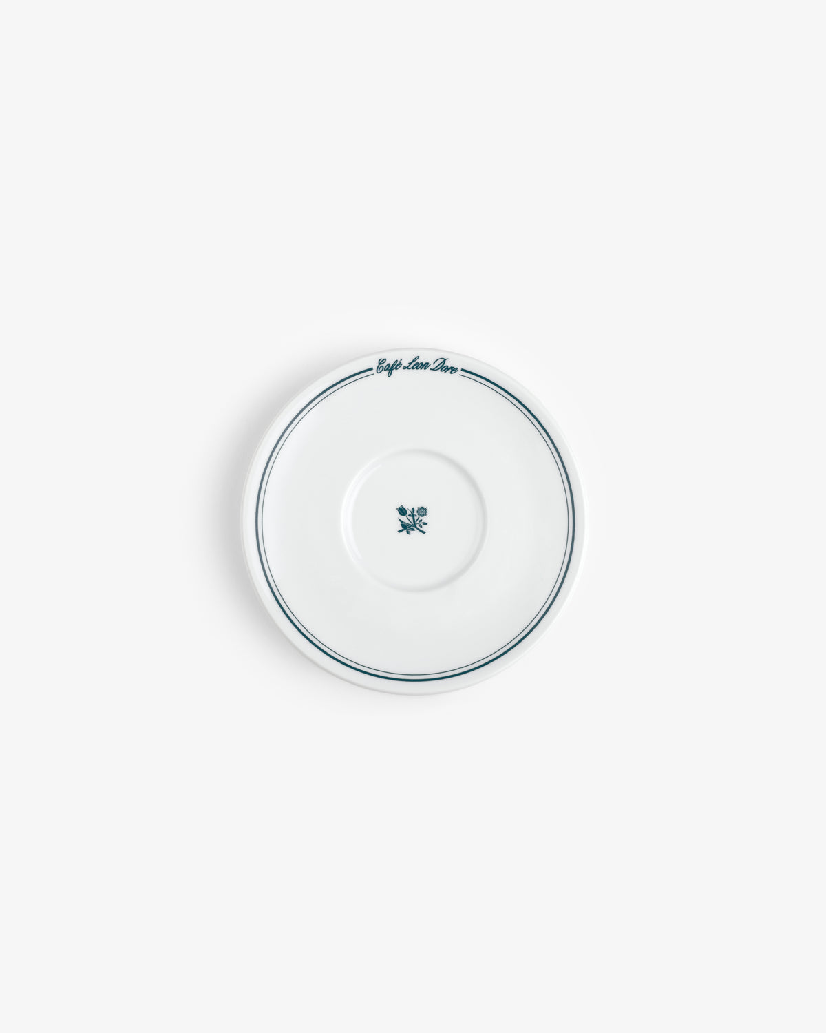 Café Leon Dore saucer: white ceramic with a blue rim, blue flower, and script. Set of 6 cappuccino cups & saucers.