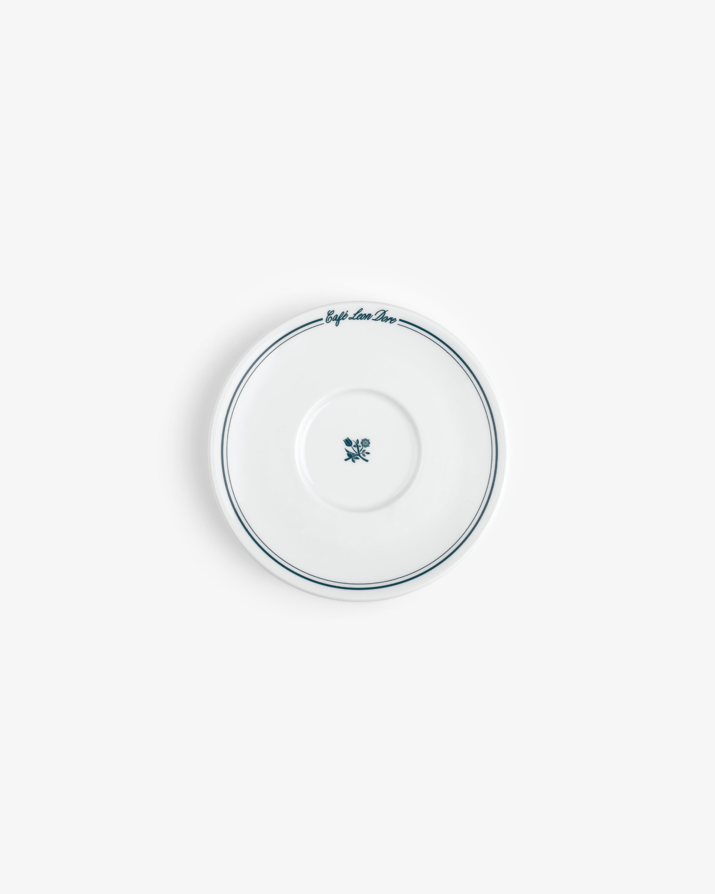 Café Leon Dore saucer: white ceramic with a blue rim, blue flower, and script. Set of 6 cappuccino cups & saucers.