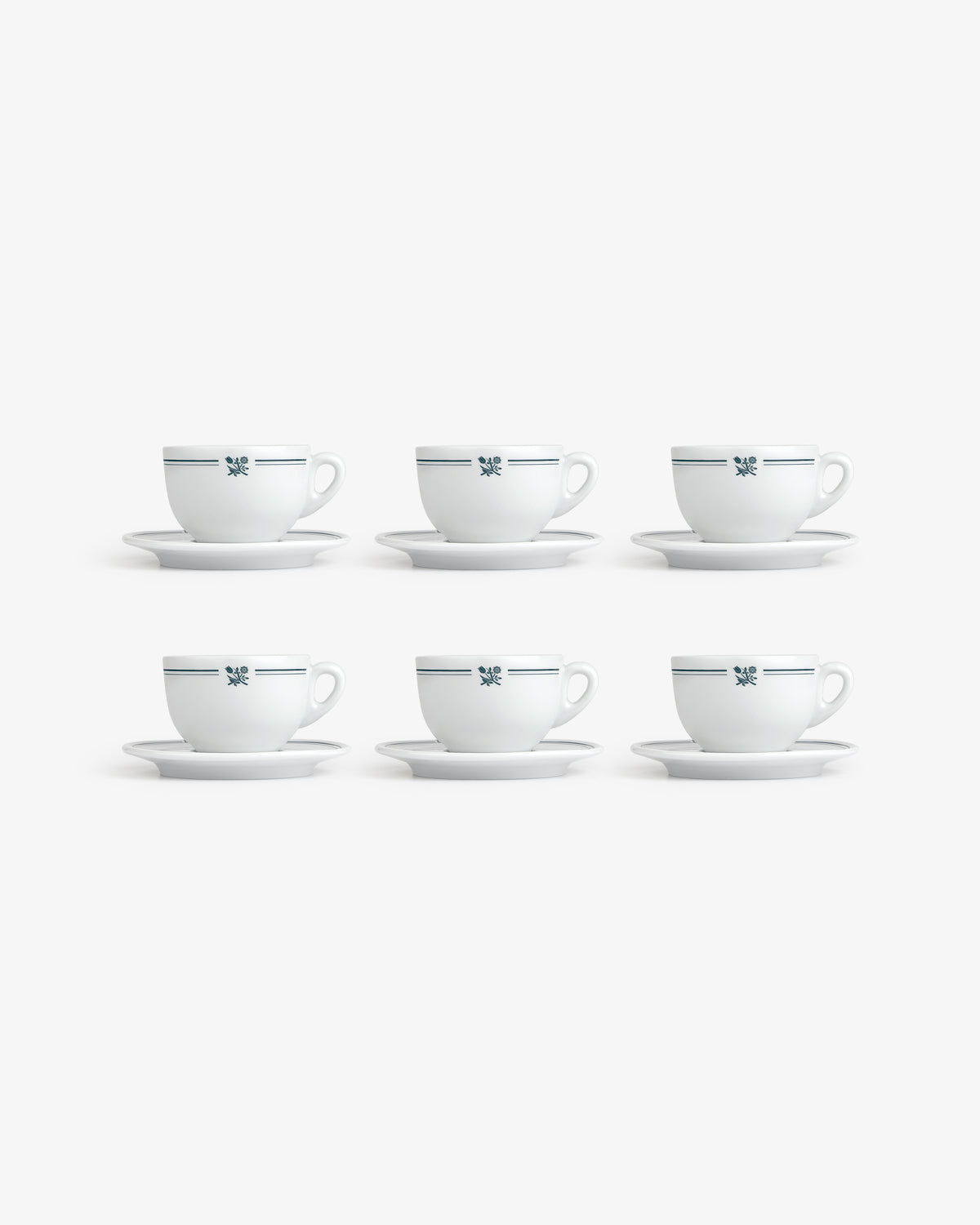 Six Café Leon Dore Cappuccino Cups & Saucers (set of 6), white with blue, in two rows on a white background.