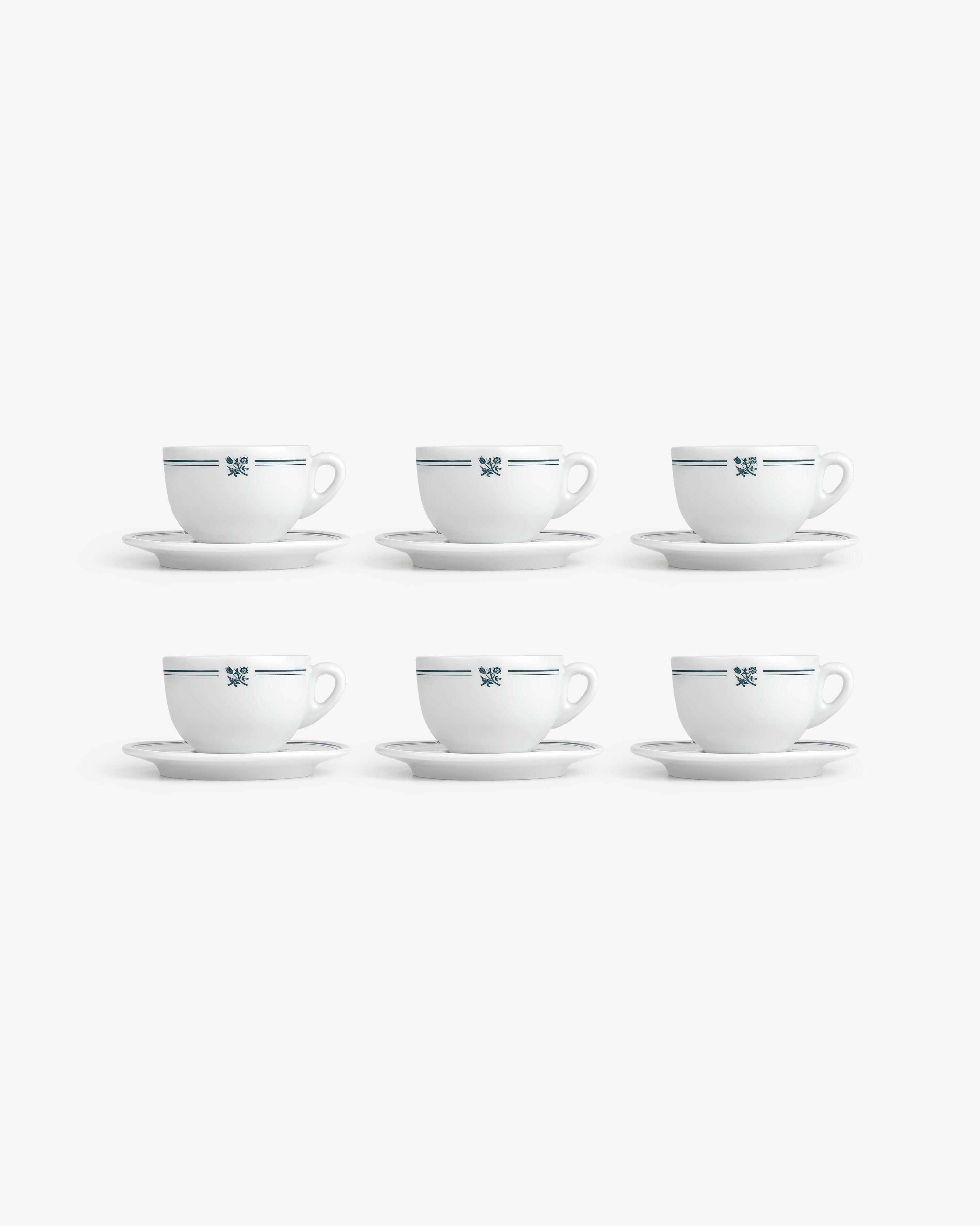 Six Café Leon Dore Cappuccino Cups & Saucers (set of 6), white with blue, in two rows on a white background.